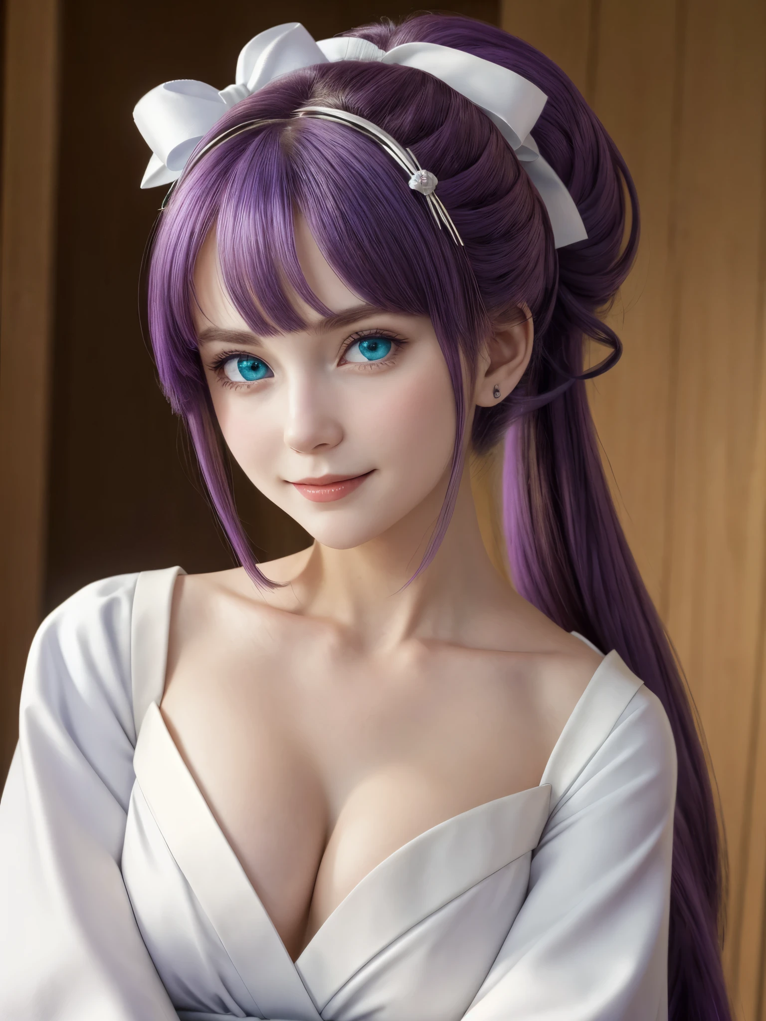 best quality, masterpiece, highres, solo, {white kimono:1.35}, {red hakama:1.35}, {wide sleeves:1.20}, {javelin_azurlane:1.15}, purple_hair, hair_ornament, ribbon, ponytail, bangs, smile, hair_ribbon, blush, crown, hair_between_eyes, green_eyes, mini_crown, breasts, open_mouth, blue_eyes, hot woman