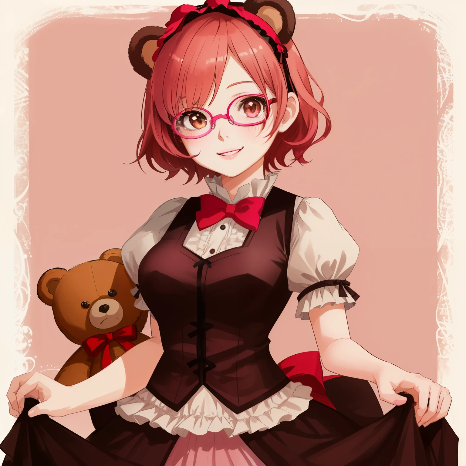 1girl, anime, red_pink_hair, short_hair, brown_eyes, playful_smile, short_sleeves_blue_lolita_ouji_vest, gothic_background, lolita_headbow_with_bear_ears,  glasses, looking_at_viewer, holding_one_giant_teddy_bear
