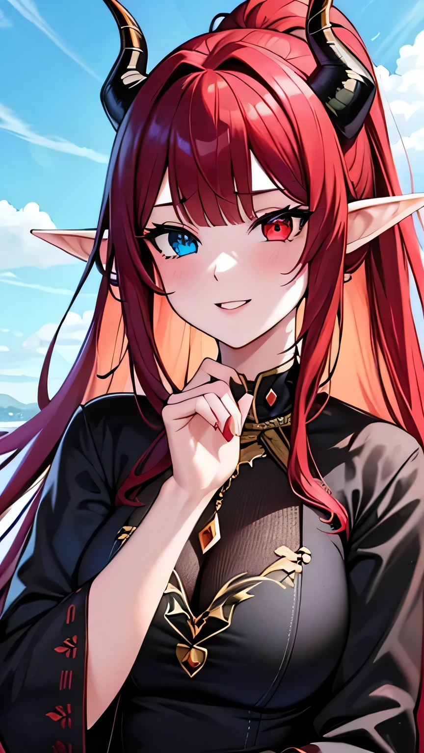 (masterpiece, top quality, best quality, official art, beautiful and aesthetic:1.2), (1girl:1.3), extremely detailed,(fractal art:1.2),colorful, highest detailed, parted lips,wallpaper, red hair, ponytail, (detailed eyes, cosmic eyes, galaxy pupils, (Heterochromia, different eyes, blue and red eyes)), horn, bangs, black coat, hand on her cheeks, medium breast, horn, black horn, horn towards the bangs, challenging smile, elf ears, focus on her face, both hands touched his cheeks