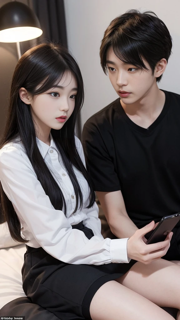  (high quality), (SFW), split screen, A delinquent, mature high school girl and a Korean adult man enjoying a smartphone chat app, She changes her hair color, puts on some pretty face makeup, sits on her bed in a  and stockings, and chats with men online., Her smartphone display shows a number of Korean adult men chatting to a high school girl., Their chat language is English, Men are waiting for her response, popup window, And there&#39;s a man, This man is requesting a chat with her on the smartphone screen. Chat takes place alternately between women and men..
