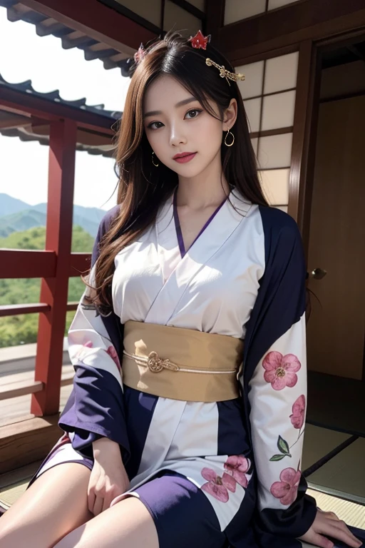 masterpiece, ultra high res, (photorealistic:1.4), 8k, RAW photo, best quality, detailed shadow, amazing, finely detail, official art, absurdres, sharp focus, upper body shot, (ultra-detailed), highly detailed portrait of a beautiful queen, 
BREAK, 
1girl、Japan Germans、Indian Beauty、Dark mascara、big eye、drooping eyes, Dark eyeliner、Dark red rouge、red-lips、chic body、thin-waist、skeletalstraight、Superb Style、, sitting, fetal_position, [upright], curvy, (1girl), ((lips)), (nose), ((long face)), mature female, blossom tree, seductive, elegant, stylish, sultry, sexy, grin, looking at viewer, Beautiful fingertips、Bust is 85 cm、 Taut chest、small-breasted、muscle、((Hourglass figue)), intricate detailes、hightquality、(High class:1.4)、super realistic 8K、face perfect、Perfect、clean、​masterpiece、Professional artwork、famousartwork、face perfect、Beautiful expression、beautidful eyes、hald-up hair、Beautiful woman with refreshing sexiness and outstanding proportions、 A dark-haired、clothes shiny、
BREAK, 
(wearing a oiran outfit:1.3), (dark-purple kimono out fit:1.3),  (Japanese clothes:1.3),  laurel crown, (chiton:0.7), flowers, 
BREAK, 
textured, patterned, cinematic, trending on artstation, dynamic posture, wide shot, dramatic lighting:1.1, (gradients), nature, (perfect face), outline, sharp focus, warmth, light particles, (depth of field), (intricate details:1.2), (extremely detailed background), east asian architecture, dynamic lighting, in the dark, deep shadow, low key, intricate detail, detailed skin, pore, highres, hdr, 4k, realistic,