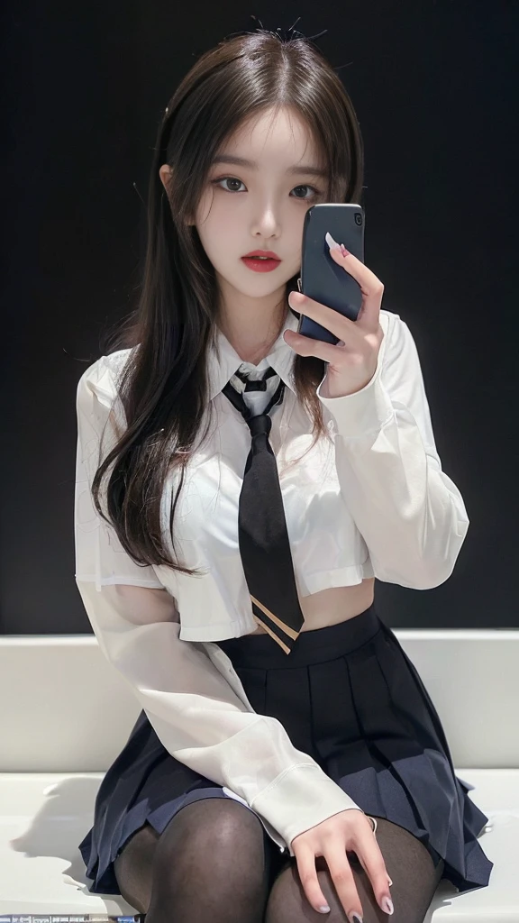 (high quality), (NSFW:1.2), (school _uniform :1.2), (split screen:1.3), (A delinquent:1.3),(girl's pantyhose:1.1), (glamorous and mature high school girl and a Korean adult man enjoying a smartphone chat app :1.4), (Her smartphone display shows a number of Korean adult men chatting to a high school girl.:1.4), (Their chat language is English:1.6), (Men are waiting for her response:1.5), popup window, (And the man is requesting a chat with her on the smartphone screen:1.5). (Chat takes place alternately between women and boys:1.4), (each other places),