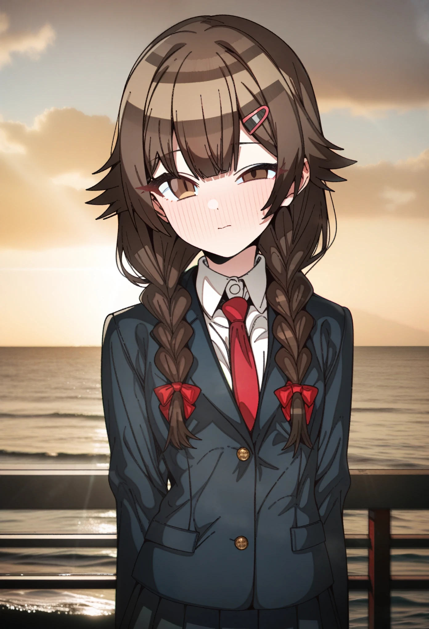 hoshino_(blue_archive) with brown hair and brown eyes, Artist, erere, Copyrights, idolmaster, idolmaster_shiny_colors, Character, General, 1girl, brown_hair, blunt_bangs, blush, medium_breasts, breasts, detailed eyelashes, beautiful girl:1, brown_eyes, censored, clouds, detailed background, school_uniform, pleated skirt:1.2, blazer, hair_clip, twin_braids, red tie, medium shot photography:1.1, standing in middle:1.1, sea, sky:1.5, half-closed_eyes, detailed, outdoors, looking_at_viewer, masterpiece, best_quality, great_quality, girl, solo, center_composition, centered character, cute, bandages_over_one_eye, bandages, full_shot:1.1