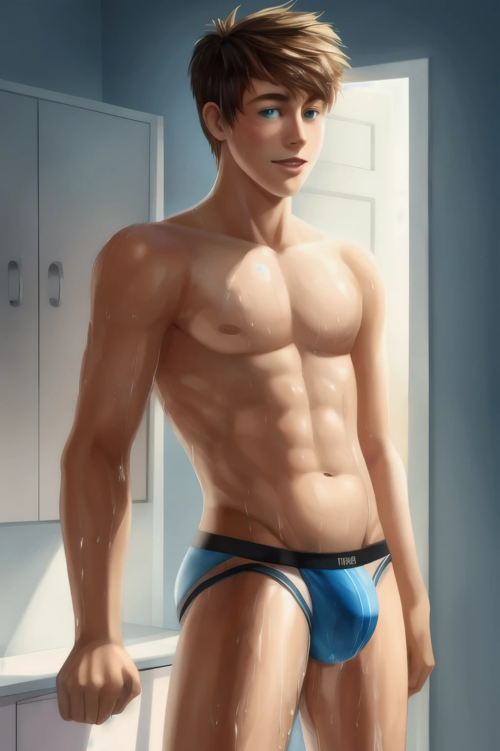 Good looking desireable human teenage twink in a jockstrap, the jockstrap getting big and wet