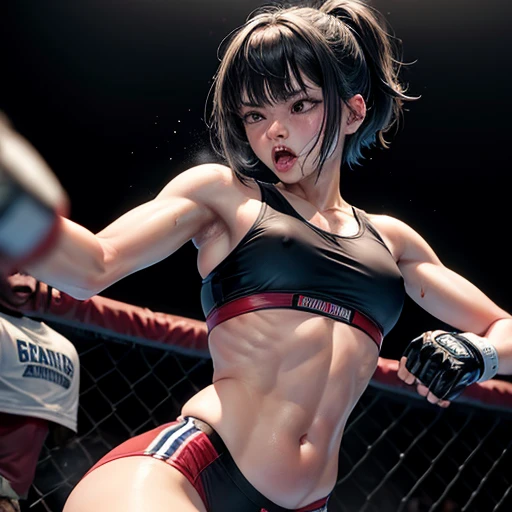 She is strangled by her opponent and passed out. Pee is pouring out of her crotch. She sits in the ring, covered in blood and sweat. Her mouth is open and drooling, her arms are down and weak. She is wearing a sports bra and high-leg panties. She is exhausted. A young, beautiful Japanese female mixed martial artist fights in the octagon and loses. Short-cut black hair. Open-fingered gloves. Erect nipples. Small breasts.