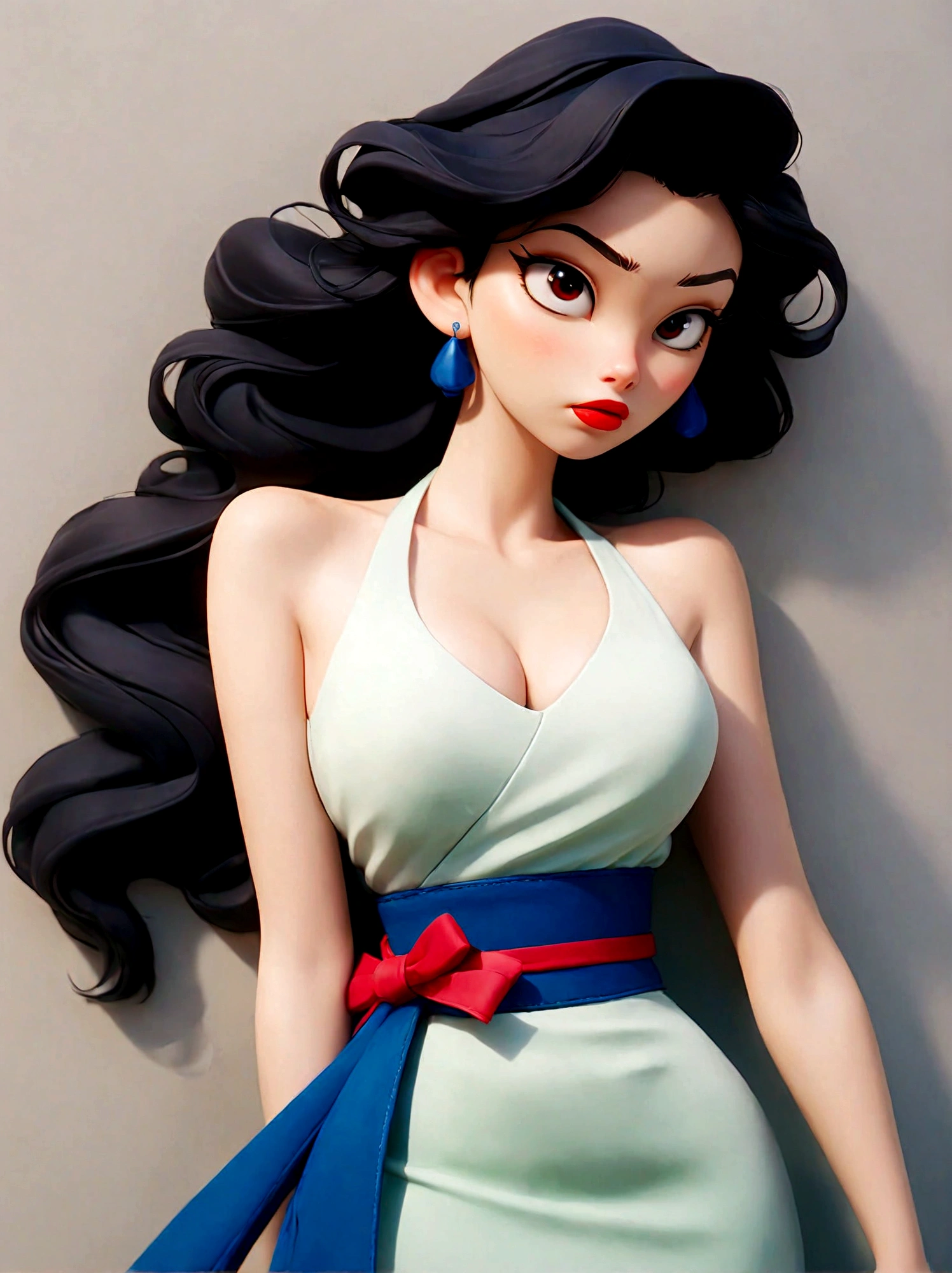 1 girl black,Green Dress,Blue belt around waist,Red lips,Black Hair,breast,clavicle,Akimbo,Long hair,solo,Wavy hair,