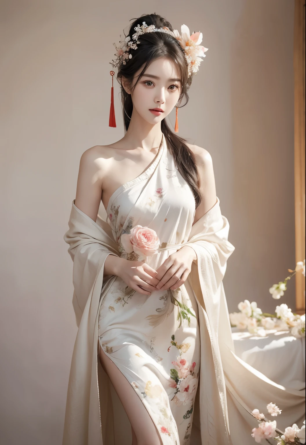 ((Bare shoulder)), ((knee shot)), ((Standing walking)), ((Elegant and charming posture)), ((Close shot)), shot of woman with flowers in hair, Portraits inspired by Du Qiong, CG trends, Reality, Gorgeous Chinese model, traditional beauty, Chinese girl, cgstation trends, Popular topics on cgstation, Chinese style, palace ， Cute and delicate face, beautiful girl, A beautiful young womanAnatomically correct