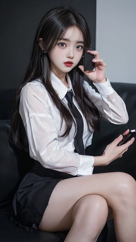 (high quality), (NSFW:1.2), (school _uniform :1.2), (split screen:1.3), (A delinquent:1.3),(girl's pantyhose:1.1), (glamorous and mature high school girl and a Korean adult man enjoying a smartphone chat app :1.4), (Her smartphone display shows a number of Korean adult men chatting to a high school girl.:1.4), (Their chat language is English:1.6), (Men are waiting for her response:1.5), popup window, (And the man is requesting a chat with her on the smartphone screen:1.5). (Chat takes place alternately between women and boys:1.4), (each other places),