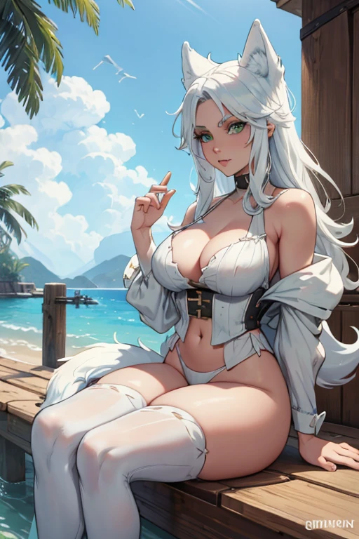 A white haired wolf woman with green eyes and white wolf ears and a white wolf tail in a pirate's outfit is sitting on the dock in a pirate city