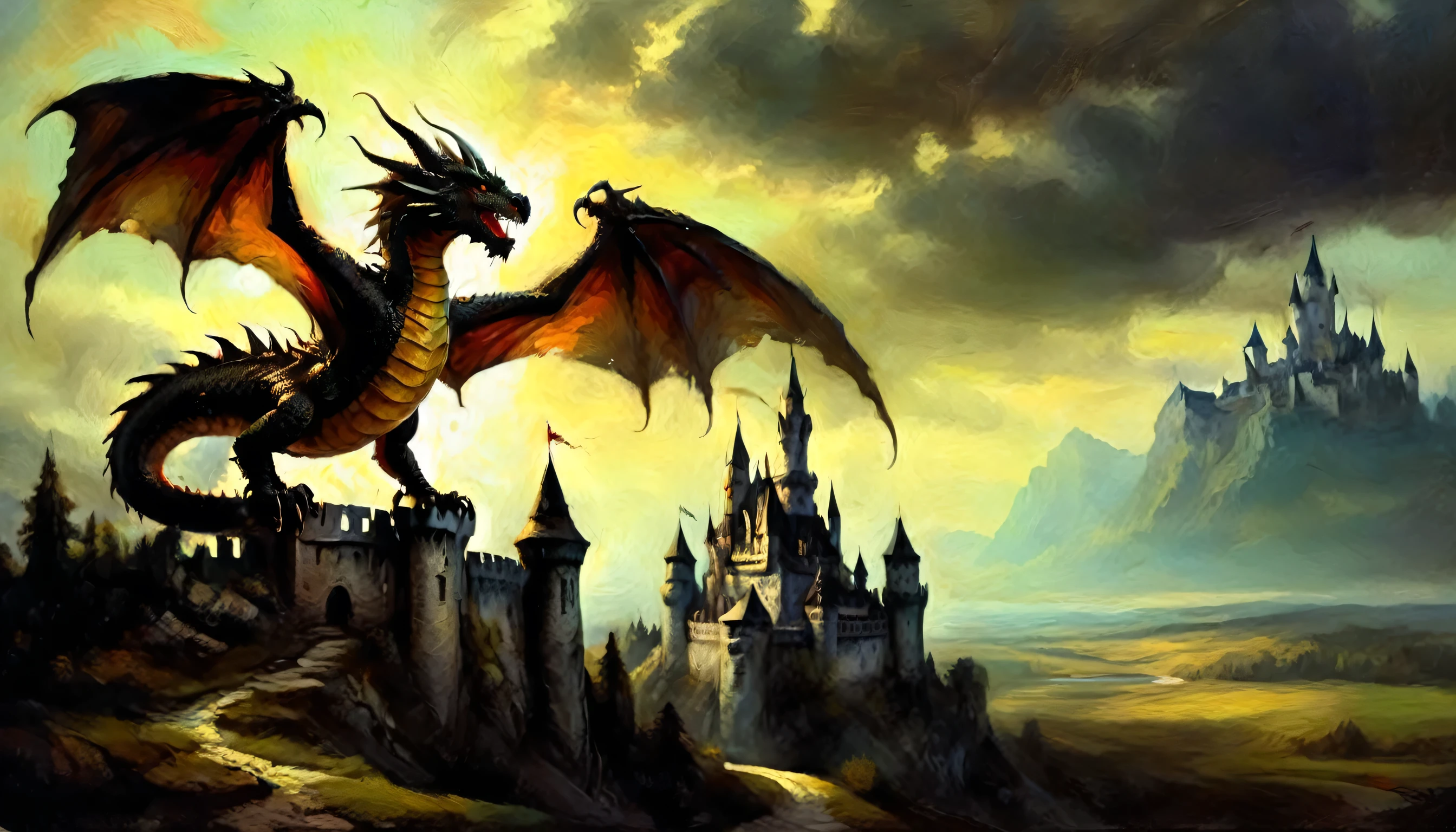 a dragon, flying, castle shadow landscape, dramatic lighting with intense shadows, dark fantasy style, in a detailed oil painting