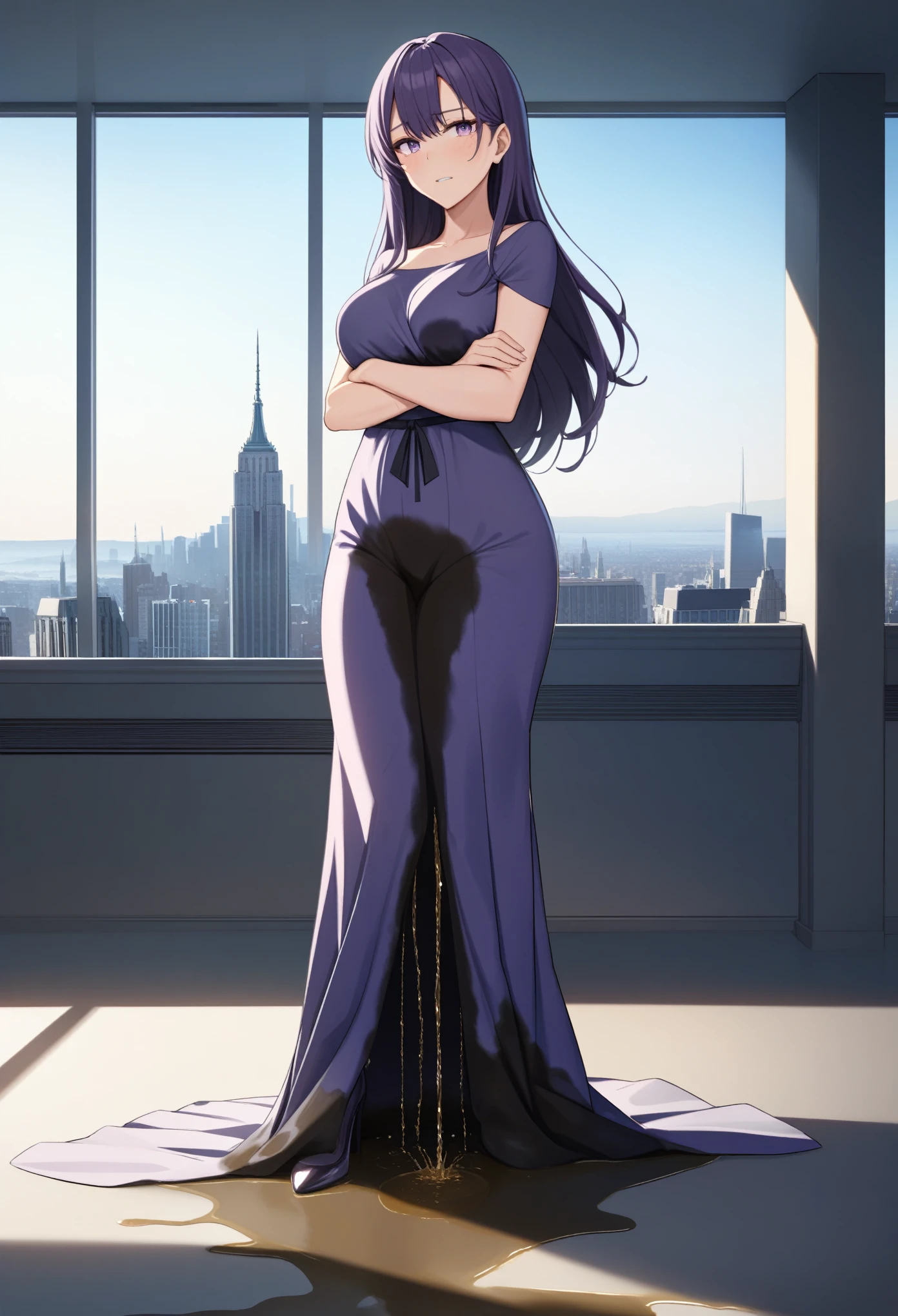(masterpiece:1.37), best quality, (extremely detailed:1.37), office, window overlooking a bustling cityscape, woman, (mature:1.75), (very long hair:1.25), dark purple hair, purple eyes, (extremely detailed eyes:1.37) shining eyes, breasts, (very long dress:1.5), (hobble dress:1.5), (wetting herself:2.25), standing, (arms crossed:1.5), (desperation:1.75), dignified, stoic expression, full body, high heels, day, daytime, glow, looking at viewer, perfect composition, Perfect light and shadow, 8K