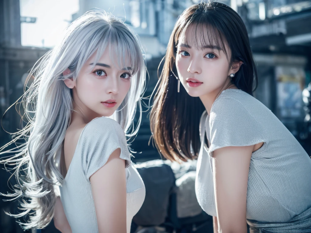 highest quality、8k Masterpiece、超A high resolution、(Photorealistic:1.3)、RAW Photos、1 girl、Silvery white hair、Glowing Skin、1. Super-beautiful Cyberpunk Soldiers、((Ultra-Realistic Details))、Portrait、Global Illumination、Shadow、Octane Rendering、8k、Super sharp、Beautiful breasts、Metal、Cold colors、、Very intricate details、Realistic Light、CGSoation Trend、Beautiful Eyes、Shining Eyes、To the camera、Neon Details、Silver charm on the ankle