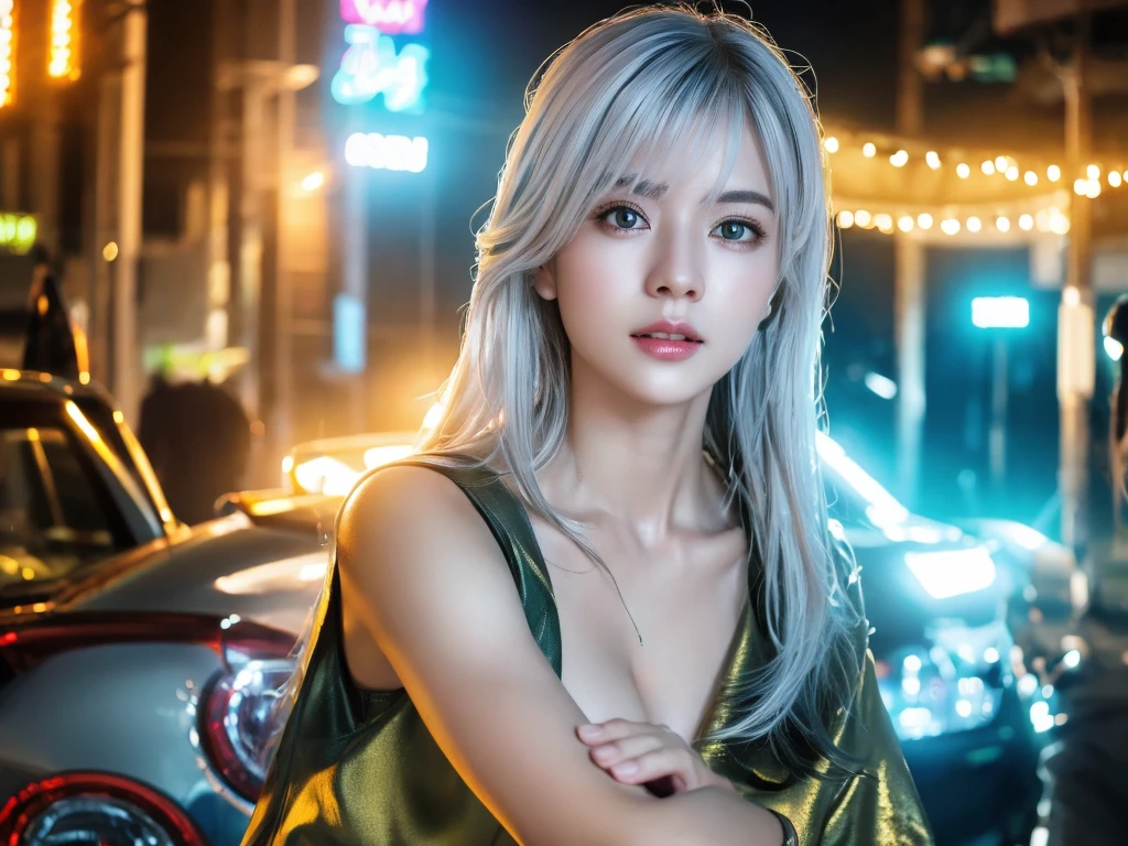 highest quality、8k Masterpiece、超A high resolution、(Photorealistic:1.3)、RAW Photos、1 girl、Silvery white hair、Glowing Skin、1. Super-beautiful Cyberpunk Soldiers、((Ultra-Realistic Details))、Portrait、Global Illumination、Shadow、Octane Rendering、8k、Super sharp、Beautiful breasts、Metal、Cold colors、、Very intricate details、Realistic Light、CGSoation Trend、Beautiful Eyes、Shining Eyes、To the camera、Neon Details、Silver charm on the ankle
