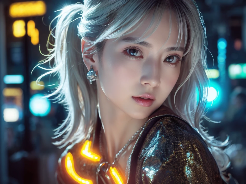 highest quality、8k Masterpiece、超A high resolution、(Photorealistic:1.3)、RAW Photos、1 girl、Silvery white hair、Glowing Skin、1. Super-beautiful Cyberpunk Soldiers、((Ultra-Realistic Details))、Portrait、Global Illumination、Shadow、Octane Rendering、8k、Super sharp、Beautiful breasts、Metal、Cold colors、、Very intricate details、Realistic Light、CGSoation Trend、Beautiful Eyes、Shining Eyes、To the camera、Neon Details、Silver charm on the ankle