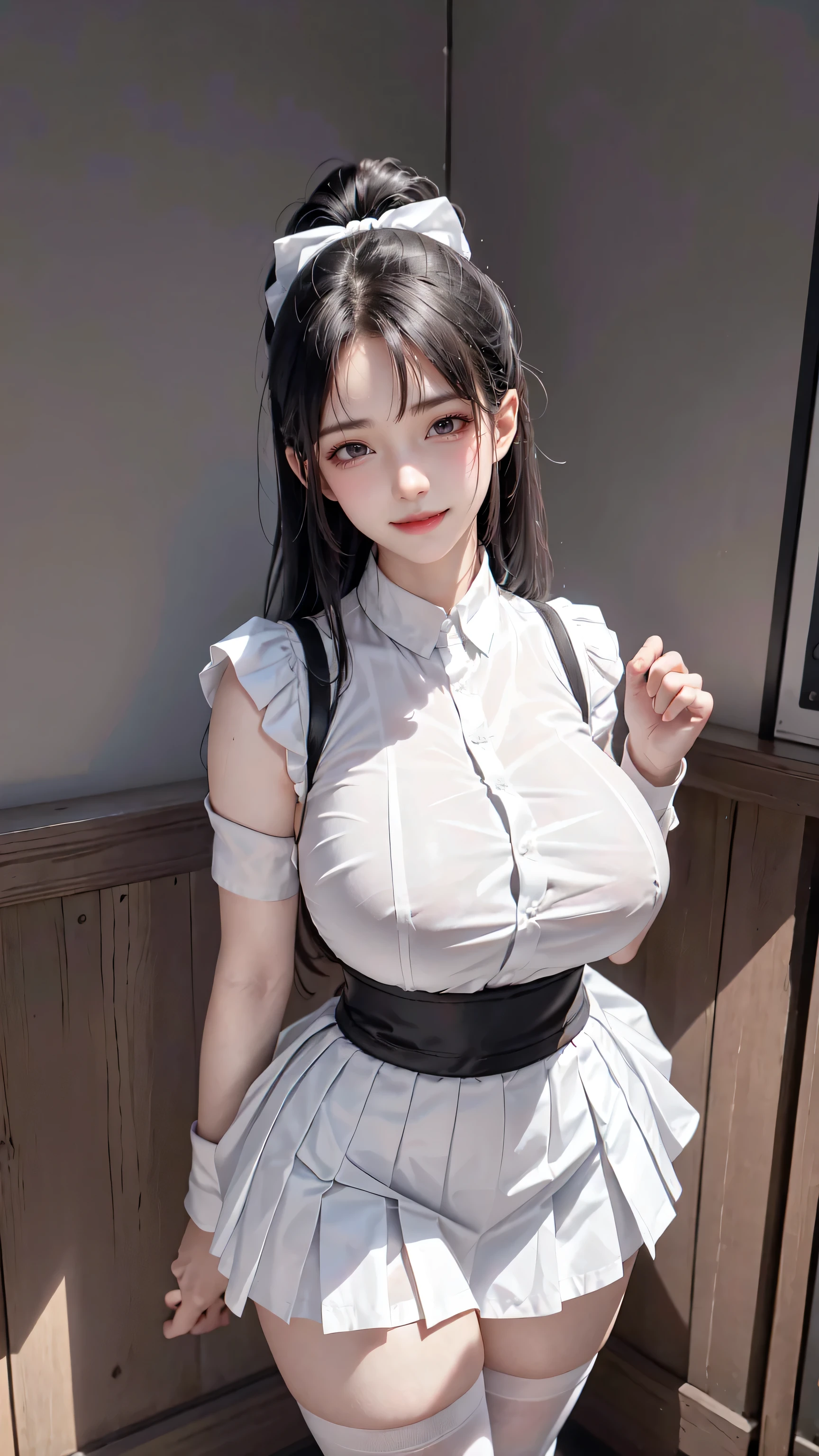 1 female,,Black Hair,Beautiful ponytail hairstyles, (High Waist Skirt:1.3),, (White shirt:1.3), (Double-breasted,Underbust:1.2), Moaning,Sweaty thighs,My crotch is wet,Roll up your skirt,who、blush、whole body、A skirt so short that you can almost see her butt、Sleeveless clothing、In a dark alley、Morning Short Skirt、Sideee-through outfit、Posing that emphasizes her big butt、Clothes with a wide open back