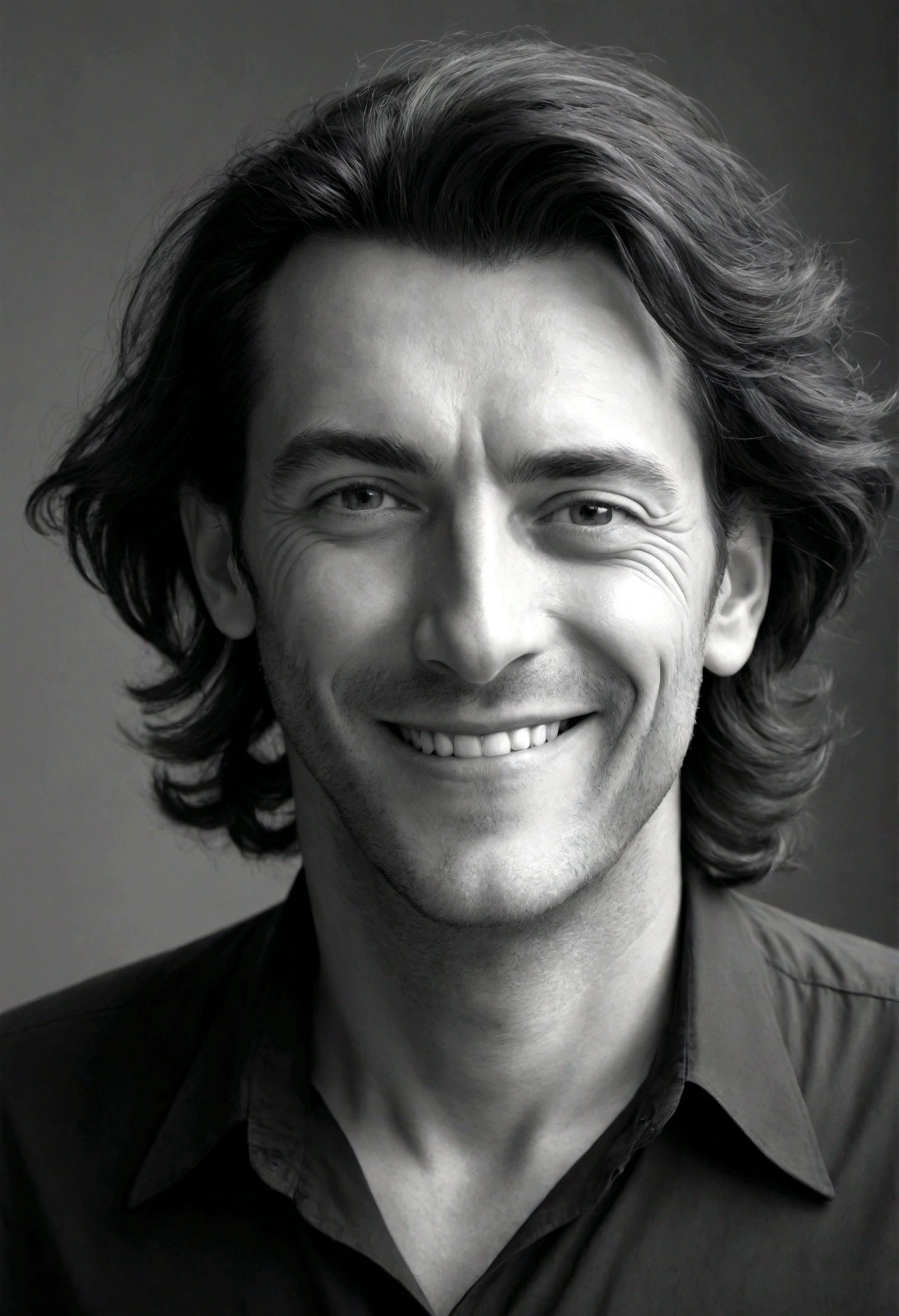 Photographie du visage d'un homme souriant, porter un chemisier noir, very heavy bust, cheveux courts, regarder la caméra, symmetrical eyes, photorealistic, director, Suivi d'itinerary, specular lighting, Volumetric light for the face, Path traced by the hair, ombres visibles, complexe, elaborate, hyper realistic