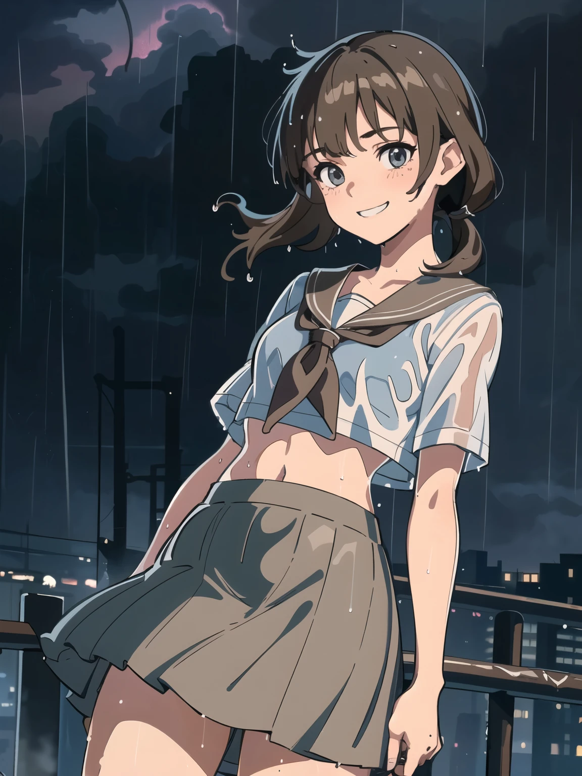 best quality, masterpiece, 1 girl, (silhouette lighting:1.2), (cowboy shot:1.3), grin, (light brown very short low twintails hair with bangs:1.2), front, detailed face, beautiful eyes, (wet skin, wet clothes:1.3), summer sailor uniform, short skirt, short sleeve, (windy upskirt:1.3), urban rooftop, cityscape, (twilight, dusk, rainy:1.3)