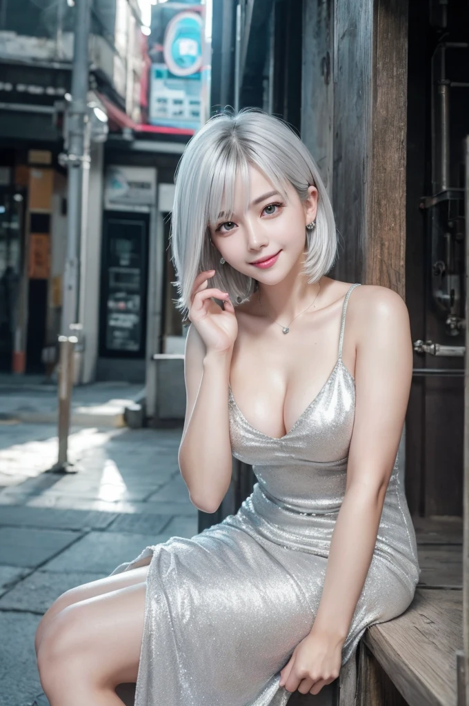 highest quality、8k Masterpiece、超A high resolution、(Photorealistic:1.3)、RAW Photos、1 girl、Silvery white hair、Glowing Skin、1. Super-beautiful Cyberpunk Soldiers、((Ultra-Realistic Details))、Portrait、Global Illumination、Shadow、Octane Rendering、8k、Super sharp、Beautiful breastetal、Cold colors、、Very intricate details、Realistic Light、CGSoation Trend、Beautiful Eyes、Shining Eyes、To the camera、Neon Details、20age、Very Short Hair、Too beautiful face、Intelligence、Obscene、wide shot、full body、Silver charm on the ankle、sexy、smile、boyish、Healthy Body、dress