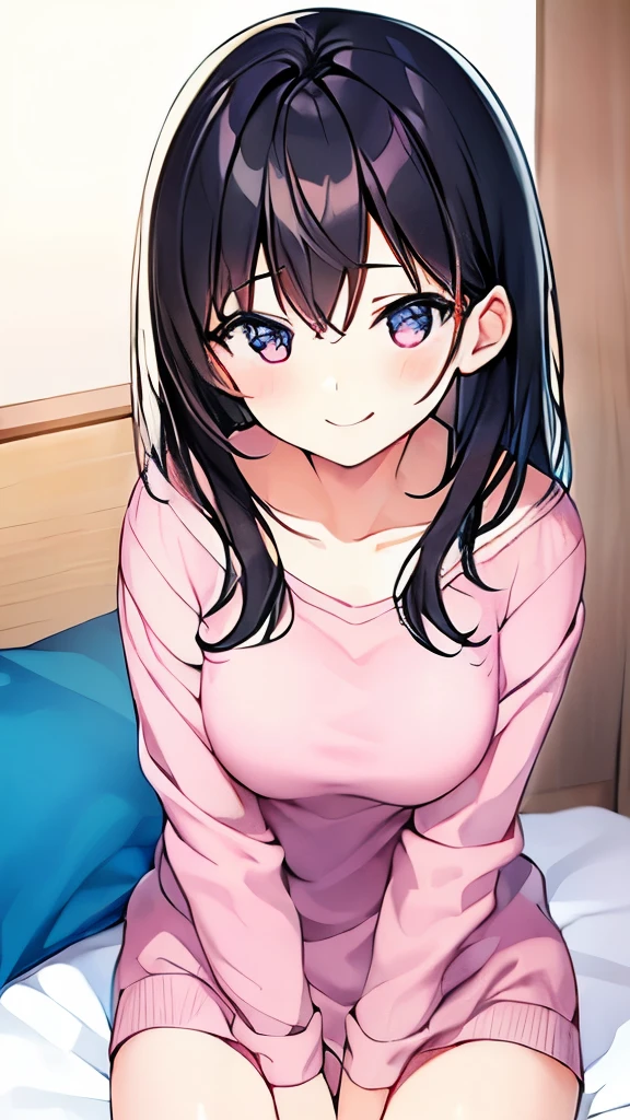 1 girl、19-year-old female、Asian、cute、Black Hair、alone、Beautiful smile、Looking up、On the bed、Casual clothing、