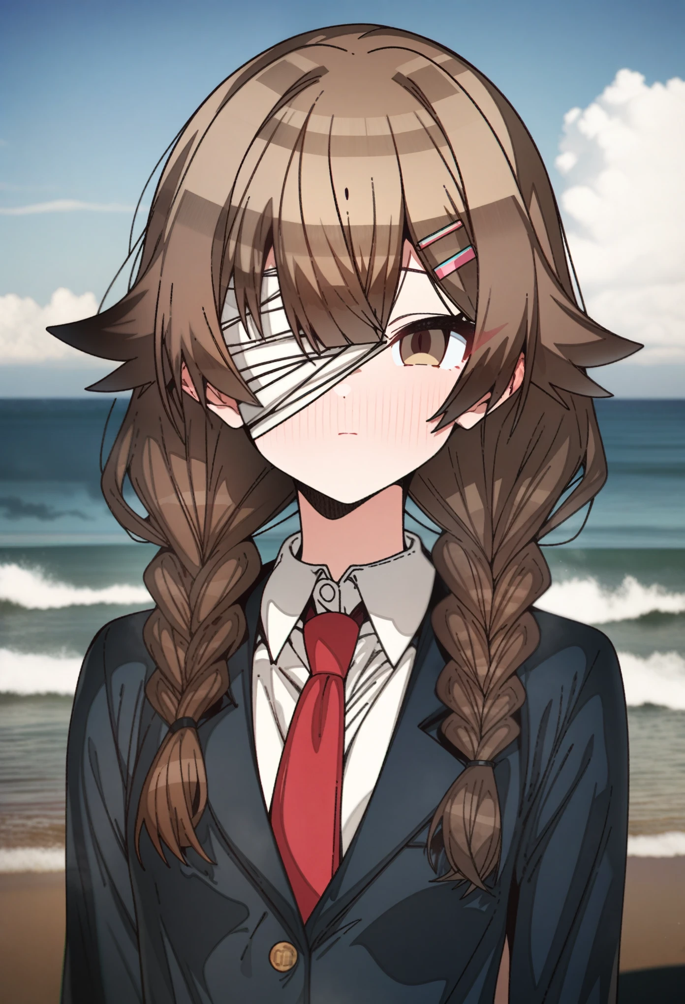 hoshino_(blue_archive) with brown hair and brown eyes, Artist, erere, Copyrights, idolmaster, idolmaster_shiny_colors, Character, General, 1girl, brown_hair, blunt_bangs, blush, medium_breasts, breasts, detailed eyelashes, beautiful girl:1, brown_eyes, censored, clouds, detailed background, school_uniform, pleated skirt:1.2, blazer, hair_clip, twin_braids, red tie, medium shot photography:1.1, standing in middle:1.1, sea, sky:1.5, half-closed_eyes, detailed, outdoors, looking_at_viewer, masterpiece, best_quality, great_quality, girl, solo, center_composition, centered character, cute, (bandages_over_one_eye, bandages), full_shot:1.1