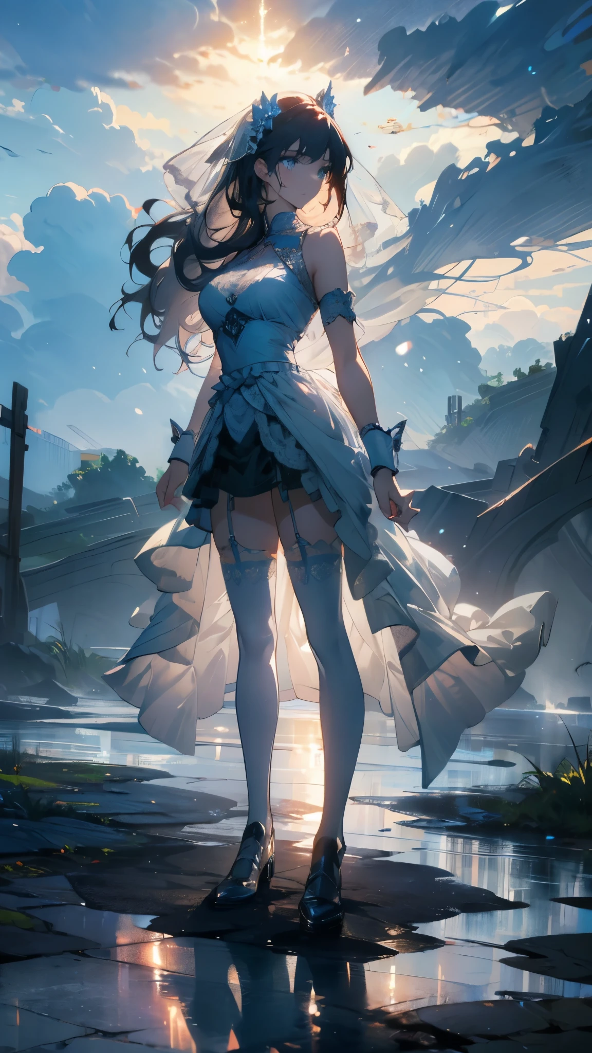 ((masterpiece, best quality)), Delicate face,Magician,whole body,whole body立绘,Long legs,Large Breasts,Gradient color wavy long hair,Perfect body proportions,beautiful eyes,Extremely beautiful,Clouds,Water Ripples,transparent,blue,Wedding dress,Lace,Garter stockings