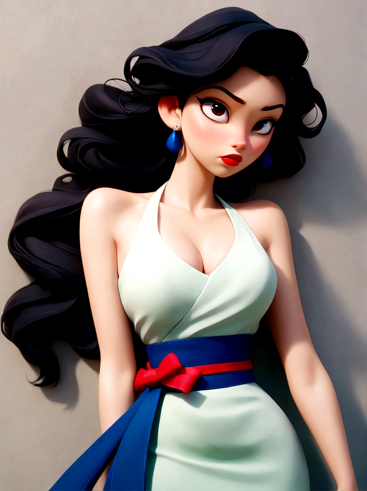 1 girl skin black,Green Dress,Blue belt around waist,Red lips,Black Hair,breast,clavicle,Akimbo,Long hair,solo,Wavy hair,