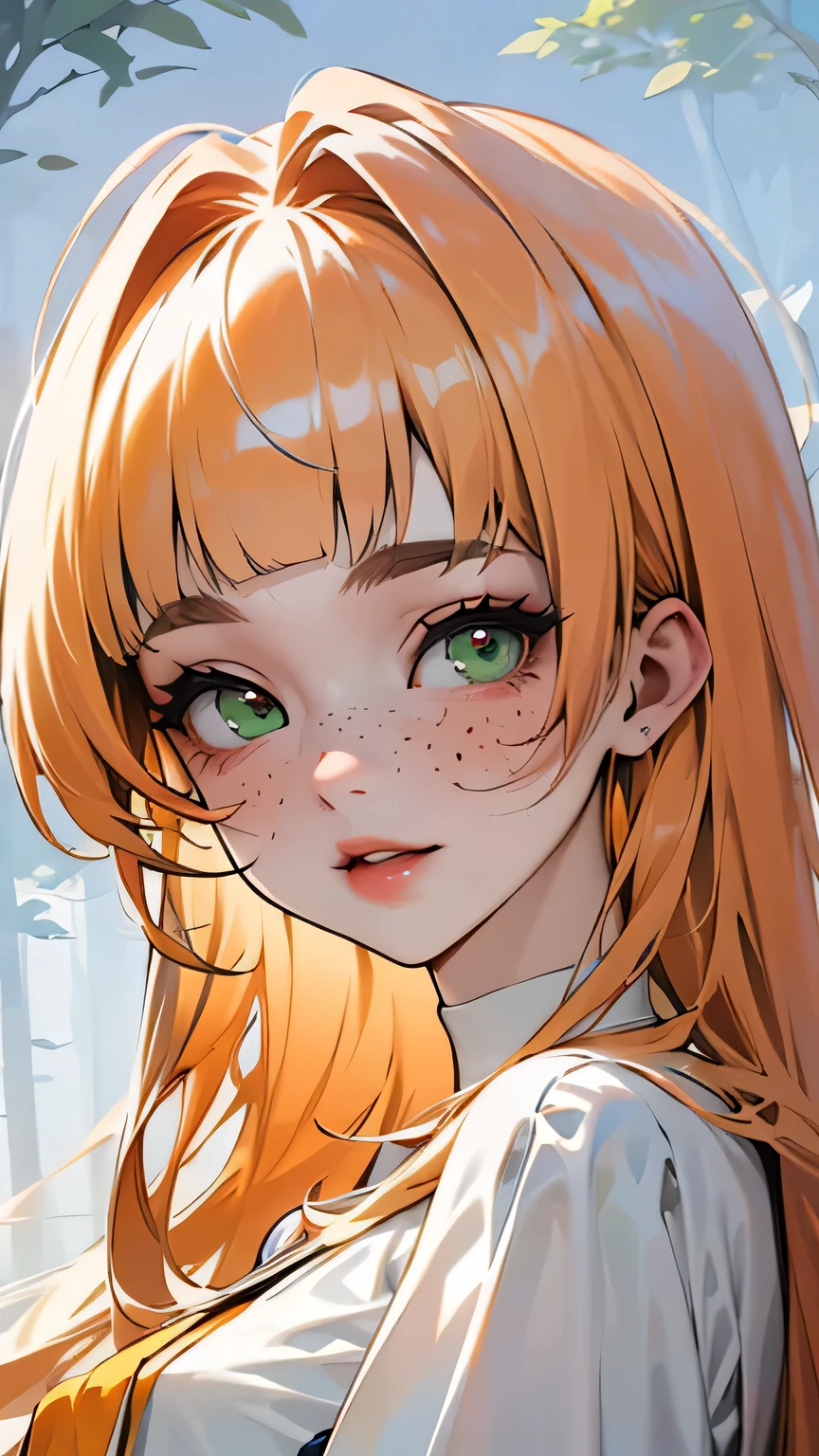 ((mejor calidad)), ((obra maestra)), (detallado), 1 chica, white woman, big, bright green eyes, freckles on her face, long straight orange hair with red gradient downwards, orange bangs on her forehead, in the middle of nature, whit a dress cute anime animation style