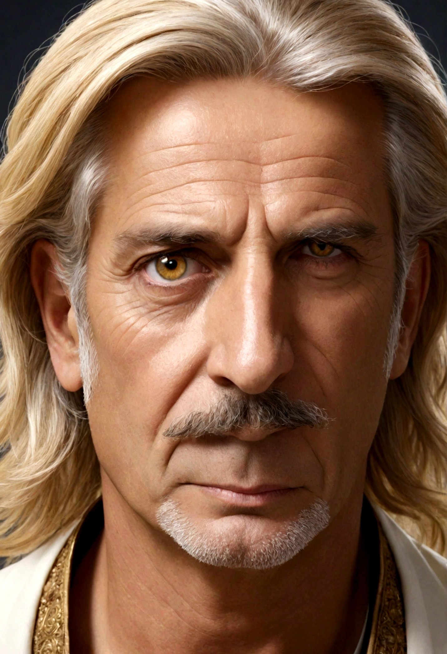Un homme blanc, 50 ans, arabe, aux cheveux blond-jaune, yeux bleus. Son visage est symétrique et il a des dents parfaites. Il y a des taches de rousseur sur le nez. Il est avocat. The artwork is a very detailed portrait with a, photorealistic style. La qualité de l'image est de la meilleure qualité, avec une résolution 4k ou 8k. l'éclairage est fait professionnellement, with the éclairage de studio pour mettre en valeur les traits du visage. The general tone of the color is vibrant and vibrant, avec une touche de confort.