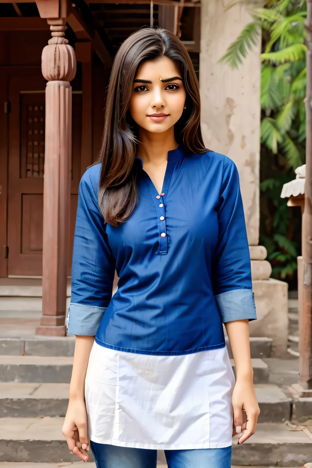 A gf bf together hand touch simple traditional look girl in kurti and jeans boy on kurta paijama background temple scene 