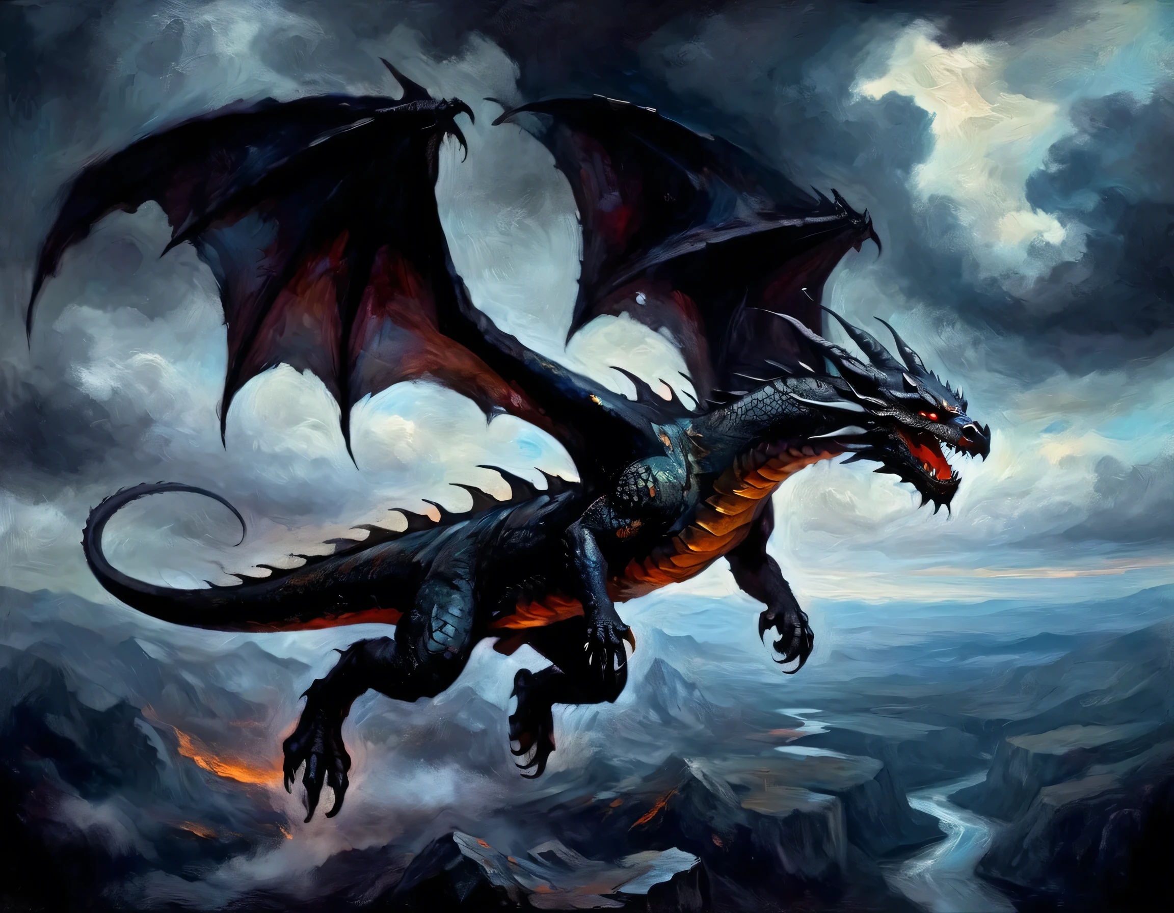 the shadow of a dragon, flying, in the sky, dramatic lighting with intense shadows, dark fantasy style, in a detailed oil painting, gloomy colors