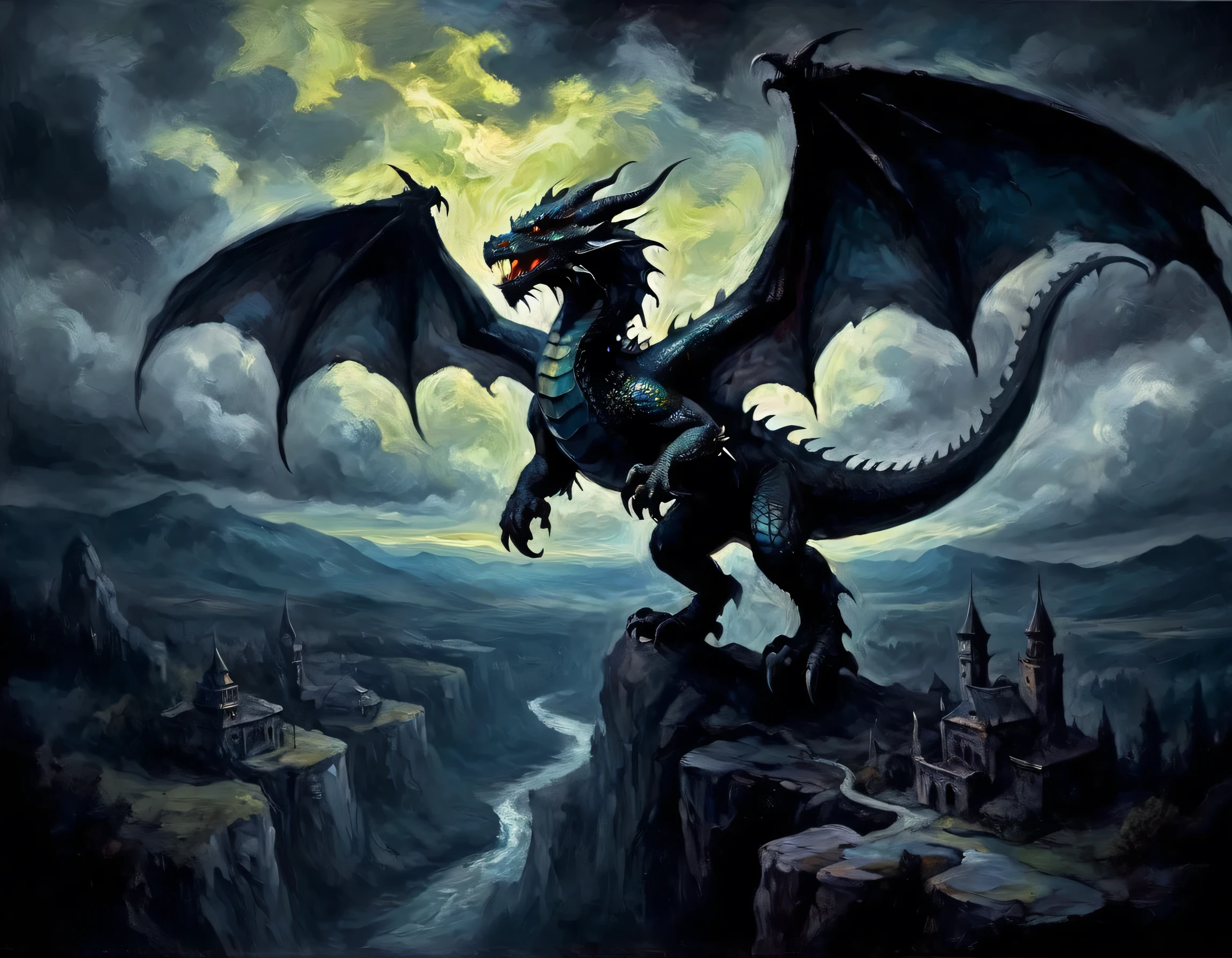 the shadow of a dragon, flying, in the sky, dramatic lighting with intense shadows, dark fantasy style, in a detailed oil painting, gloomy colors