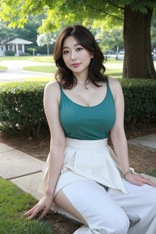 in the park，40 years old adult、Japanese woman、Low-cut、Sexy, Big breasts,delicate skin、masterpiece、Beautiful breasts、high quality、Super beautiful、face hd、The makeup is very light、Glowing and beautiful skin、The beauty of transparency、Reality、Looking at the camera、Skin Whitening、Full body shape、tight skirt、