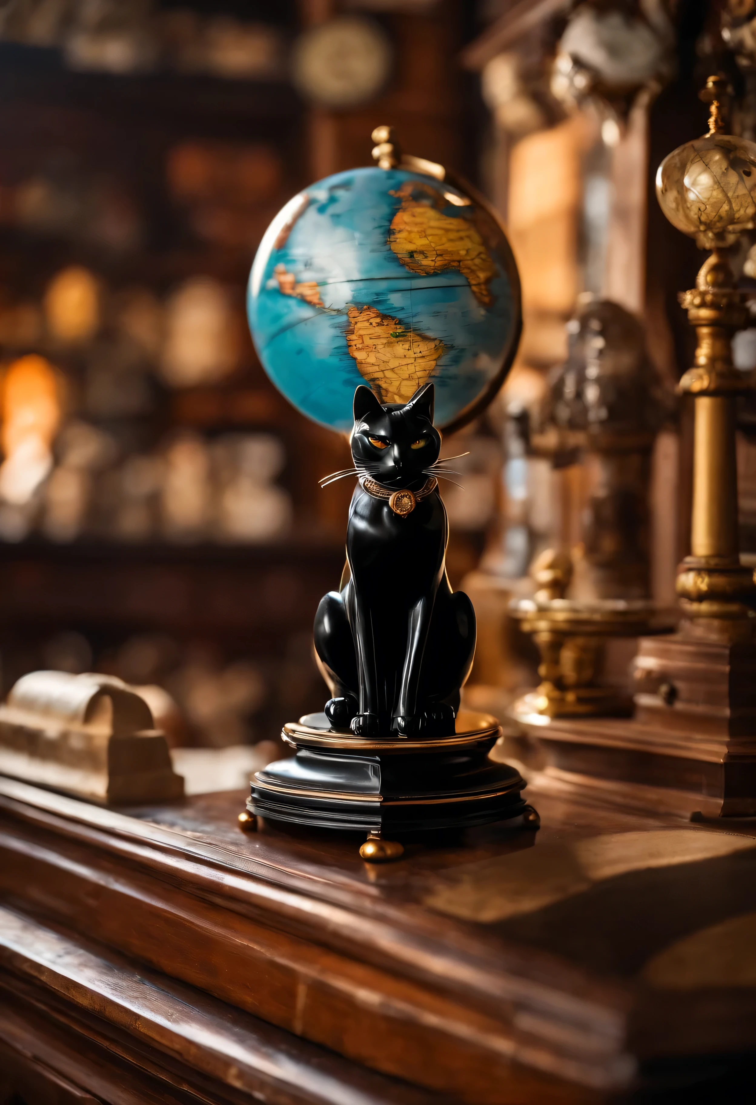 (highest quality,High resolution,masterpiece,8k),Old shopping street,Prop store,Retro,Nostalgic,Old watches,Black cat figurine,Historical Map,globe,Wide Picture,Wide angle,Vivid