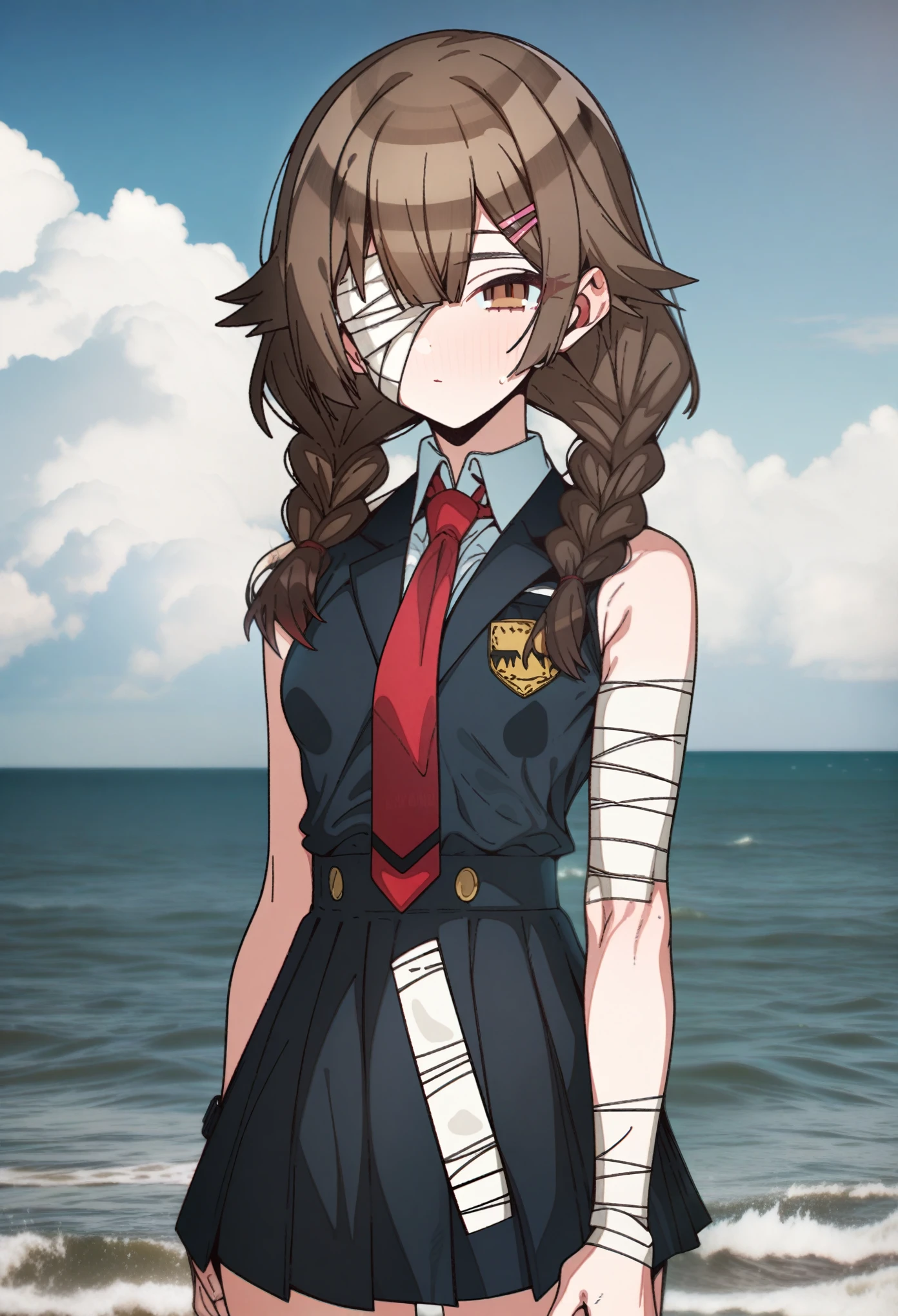 hoshino_(blue_archive) with brown hair and brown eyes, Artist, erere, Copyrights, idolmaster, idolmaster_shiny_colors, Character, General, 1girl, brown_hair, blunt_bangs, blush, medium_breasts, breasts, detailed eyelashes, beautiful girl:1, brown_eyes, censored, clouds, detailed background, school_uniform, pleated skirt:1.2, blazer, hair_clip, twin_braids, red tie, medium shot photography:1.1, standing in middle:1.1, sea, sky:1.5, half-closed_eyes, detailed, outdoors, looking_at_viewer, masterpiece, best_quality, great_quality, girl, solo, center_composition, centered character, cute, (bandages_over_one_eye, bandages), full_body:1.1
