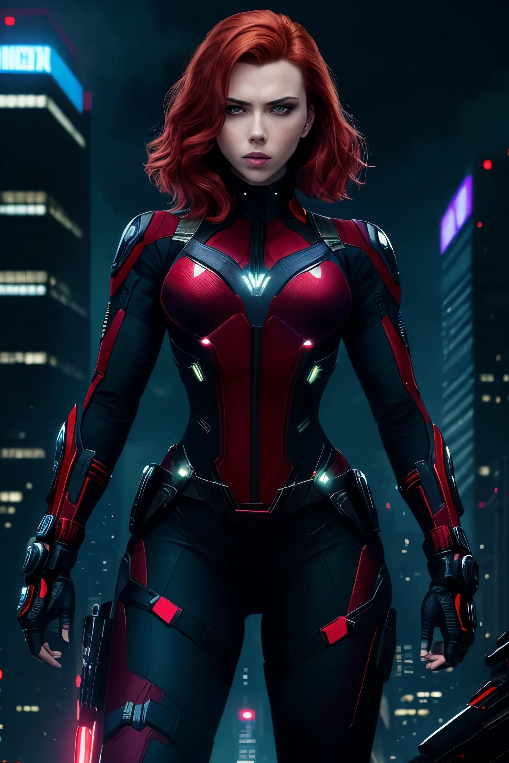 Generate an image of Scarlett Johansson's Black Widow, embodying the Marvel Avengers' iconic superhero, standing in a dynamic and highly-detailed pose. Her signature red hair cascades dramatically, contrasting against the black leather suit that molds to her athletic form. In her hands, she clutches the Widow's Bite gauntlets, gleaming with the promise of impending action.
The scene unfolds in a futuristic urban setting, where neon lights illuminate the sleek skyscrapers and holographic advertisements that fill the background. A mostly cloudy sky looms overhead, adding an atmospheric element to
