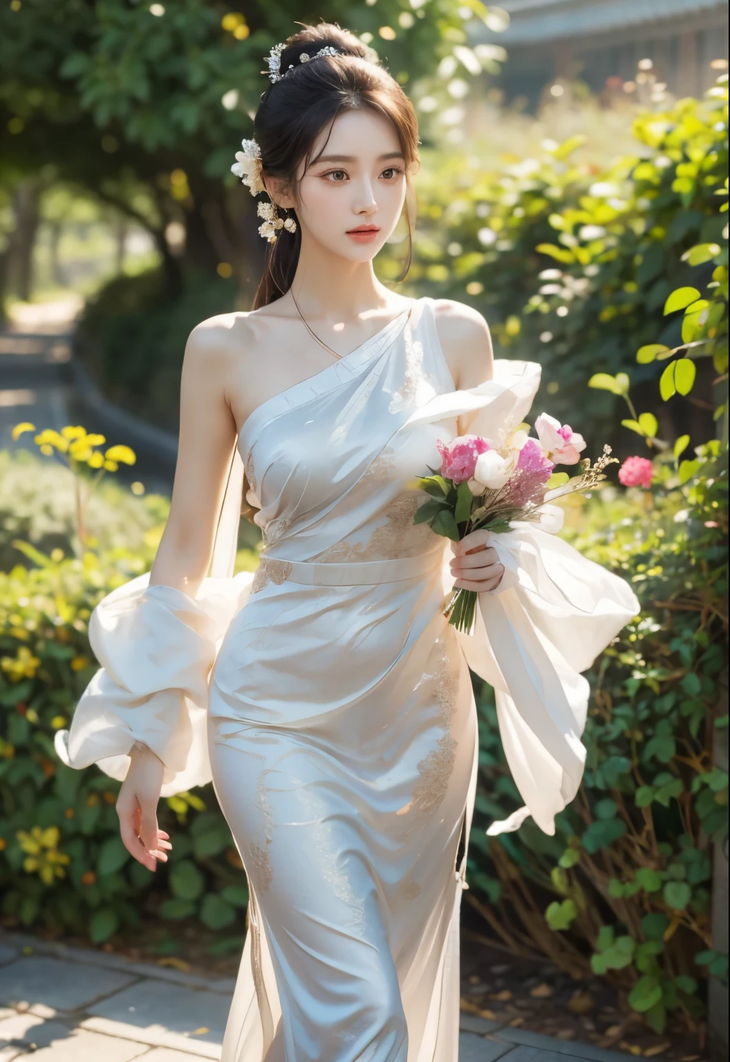 outdoor, ((Bare shoulder)), ((knee shot)), ((Standing walking)), ((Elegant and charming posture)), ((Close shot)), shot of woman with flowers in hair, Portraits inspired by Du Qiong, CG trends, Reality, Gorgeous Chinese model, traditional beauty, Chinese girl, cgstation trends, Popular topics on cgstation, Chinese style, palace ， Cute and delicate face, beautiful girl, A beautiful young womanAnatomically correct