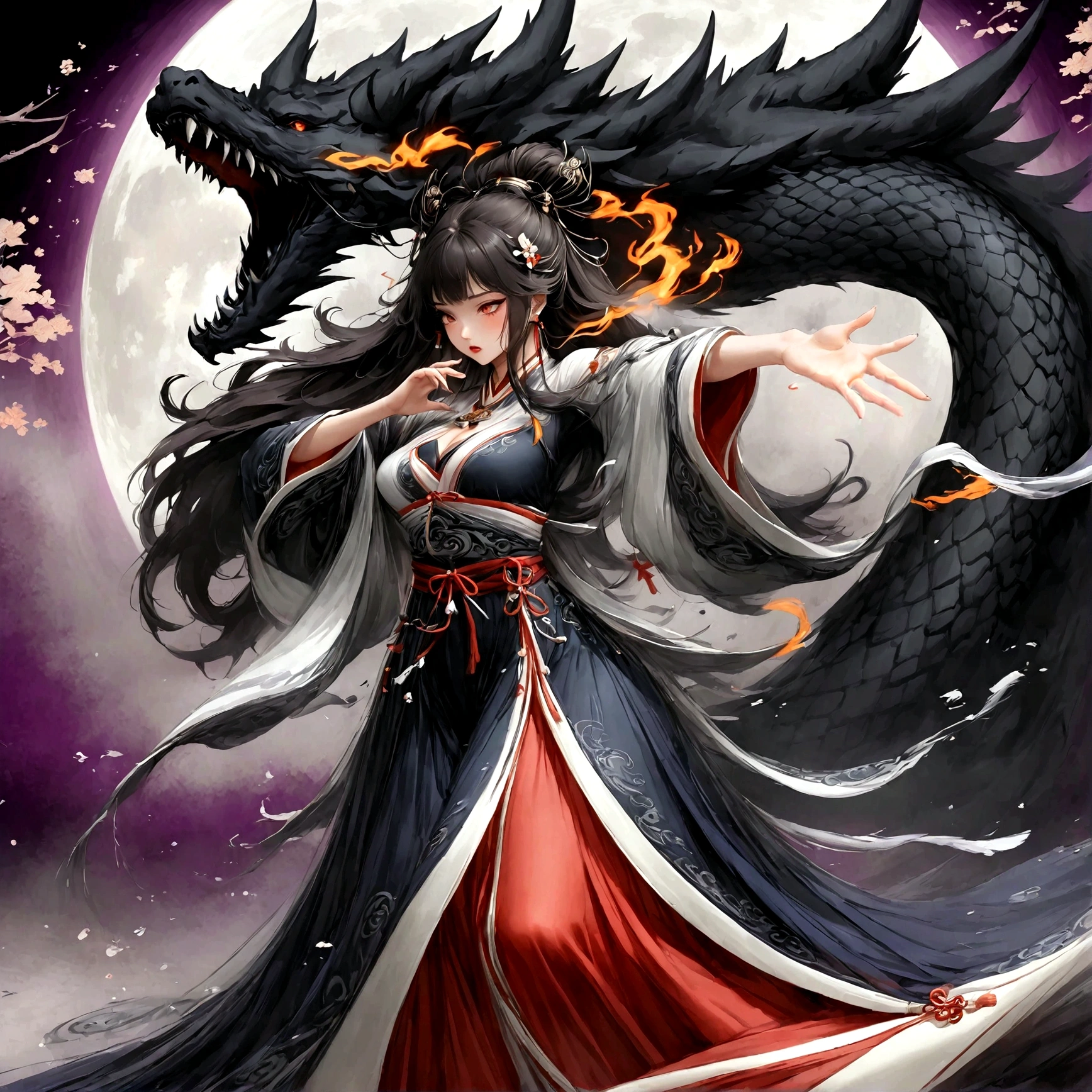 highest quality, Ultra-high resolution,A shrine maiden wearing black clothing and black hakama is dancing in front of a huge black dragon.、Dynamic Movement、Full moon night、Real、The dragon's head1t、竜の胴は一t、Swirling black flames