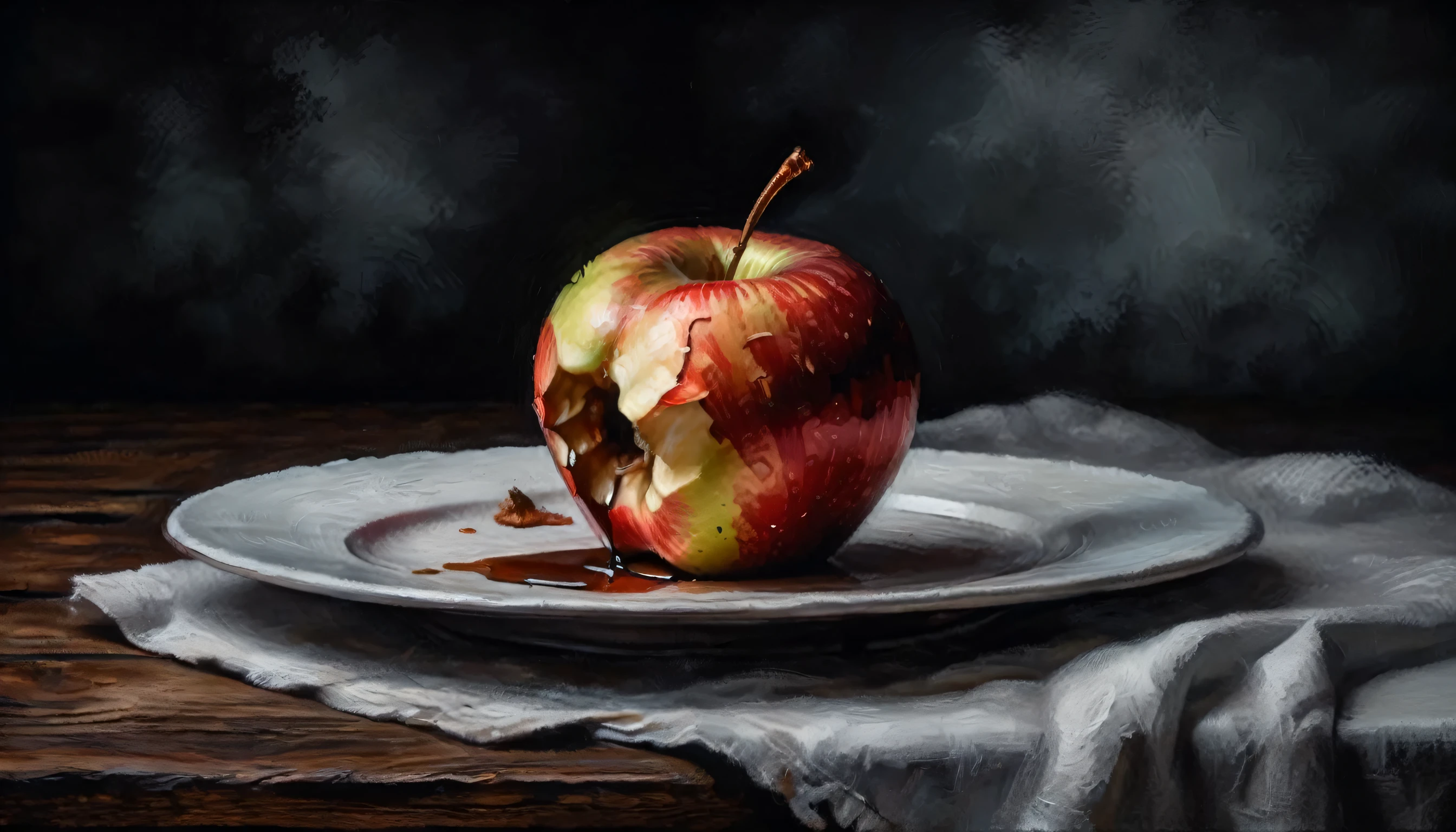 a bitten apple placed on a white plate on a wooden table, black background, diffuse lighting, gloomy colors, suspenseful atmosphere, oil painting style, detailed work masterpiece