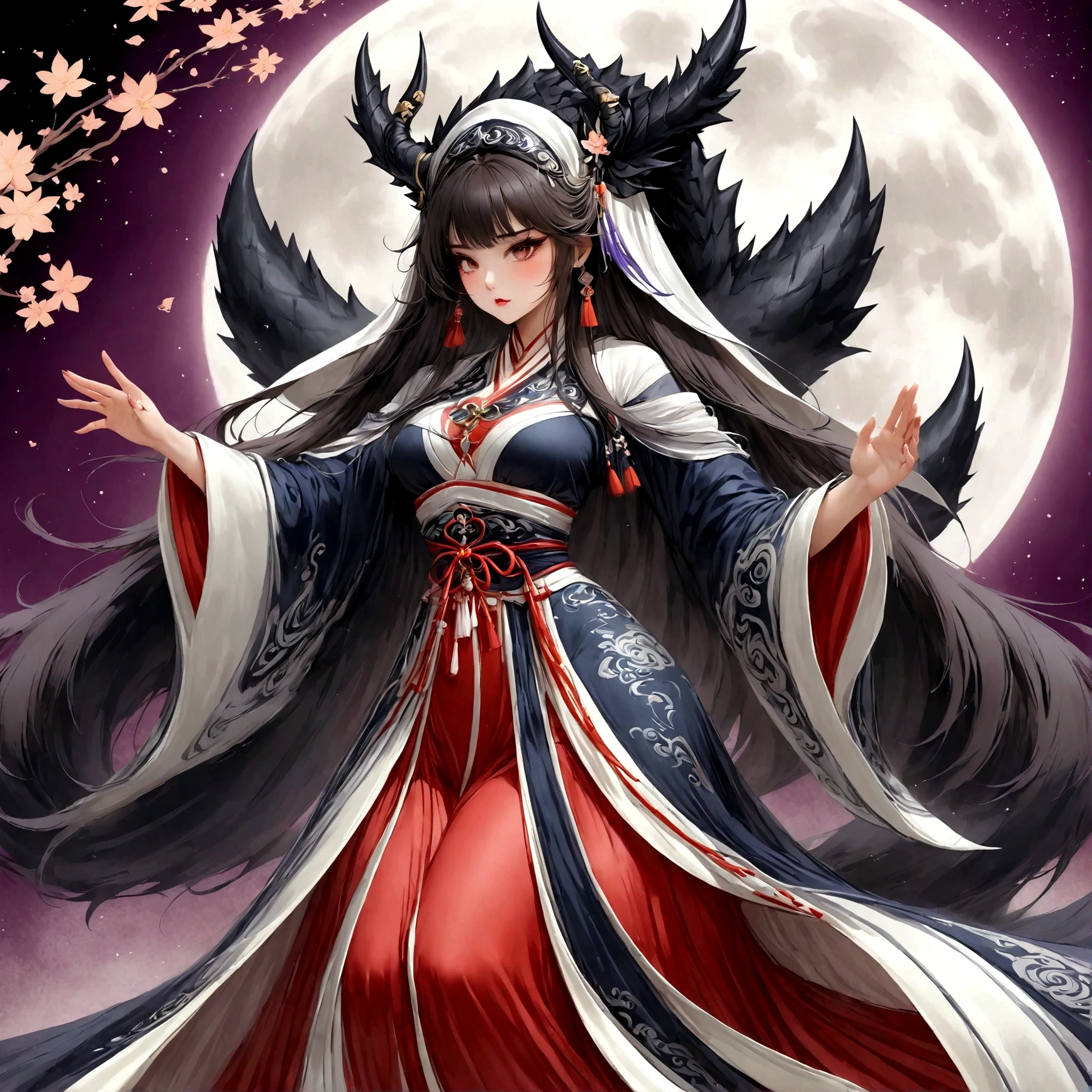 highest quality, Ultra-high resolution,A shrine maiden wearing black clothing and black hakama is dancing in front of a huge black dragon.、Dynamic Movement、Full moon night、Real、The dragon's head1t、竜の胴は一t、Swirling black flames