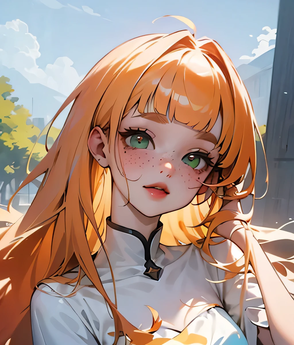 ((mejor calidad)), ((obra maestra)), (detallado), 1 chica, white woman, big, bright green eyes, freckles on her face, long straight orange hair with red gradient downwards, orange bangs on her forehead, in the middle of nature, whit a dress cute anime animation style