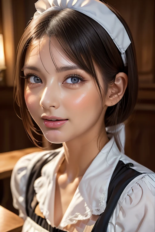 Emery Ratajkowski, retina, textured skin, anatomically correct, high details, high quality, ((Dark Eyes,black eye)),Very beautiful face and eyes, Big eyes, 1 female、Real skin type,Pores are visible,maid Cafe((Cafe table))(((A string of drool dripping from the top of the tongue)))((Maid clothes,White prim))smile,Realistic skin texture,Skin with visible pores,Maid,Maid clothesで出迎える,30 years old,Skin wrinkles、