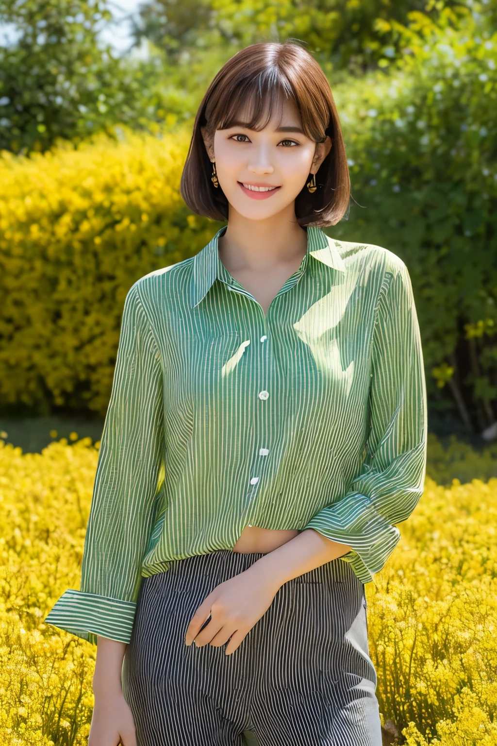 ((Best Quality, 8K, Masterpiece: 1.3)), A single figure of a young girl named Chara, 18-years-old, stands amidst a sea of golden flowers. Her eyes, bright and vivid like crimson olives, are accentuated by the head tilted position. She sports a short, chestnut brown, mushroom-shaped haircut.

On top, she wears a striped green-yellow blouse with wider stripes, revealing her clear, bright smile. The blouse's bottom is tucked into a pair of loose, patterned yellow pants. In her hand, she holds a knife, adding a hint of mystery to the serene scene