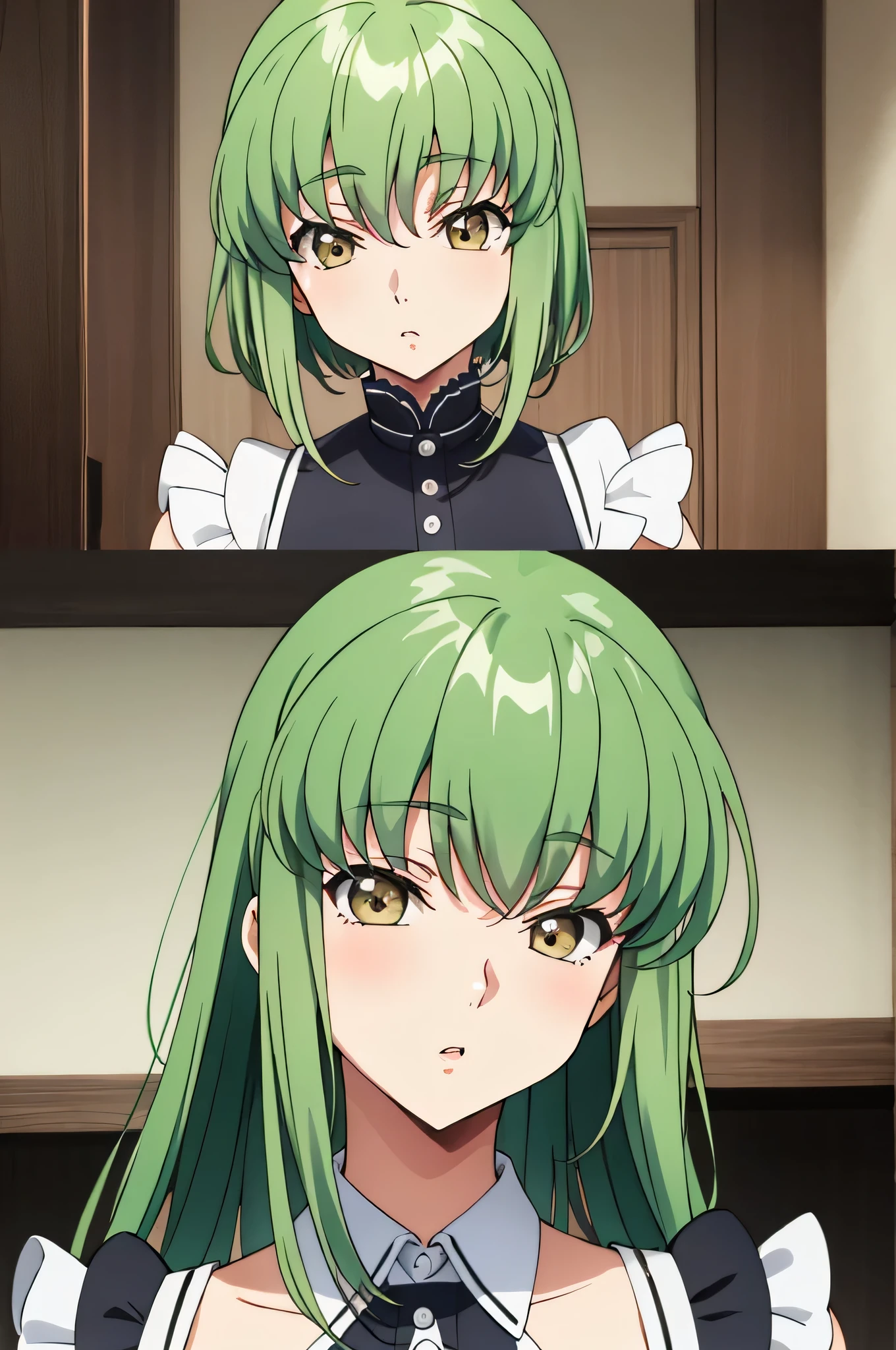 solo、Make your face clear、Green hair color、Cheeks are a little red、Maid Costume、