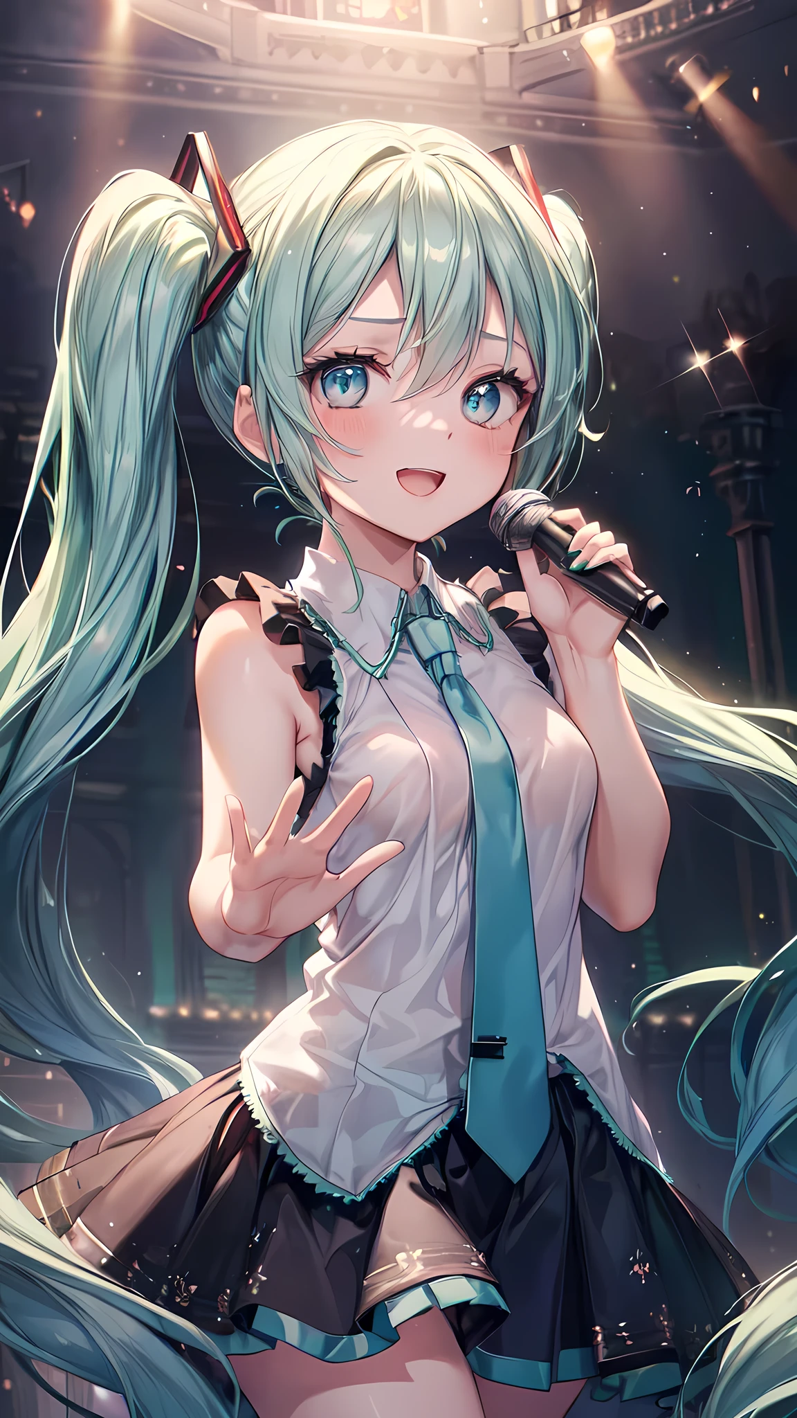 ((masterpiece, sidelighting, finely detailed beautiful eyes: 1.2)), ultra-detailed, ultra high res, professional lighting, high quality makeup, beautiful detailed eyes, sexy, beautiful, big eyes, drooping eye, (Hatsune Miku), (small breasts:1.2), blush cheek, blush body, green eyes, green hair, absurdly long hair, twintails, (white sleeveless shirt:1.3), green tie, black mini skirt, Extremely cute, (extremely detailed beautiful face), Authentic skin texture, beautiful hair, beautiful face, beautiful eyes, beautiful body, beautiful hands, (sexual aroused), (sexual pleasure), (orgasm), (singing:1.8), (happy smile:1.3), (wave hand:1.3), standing, (face focus:1.6), (concert hall:1.2)