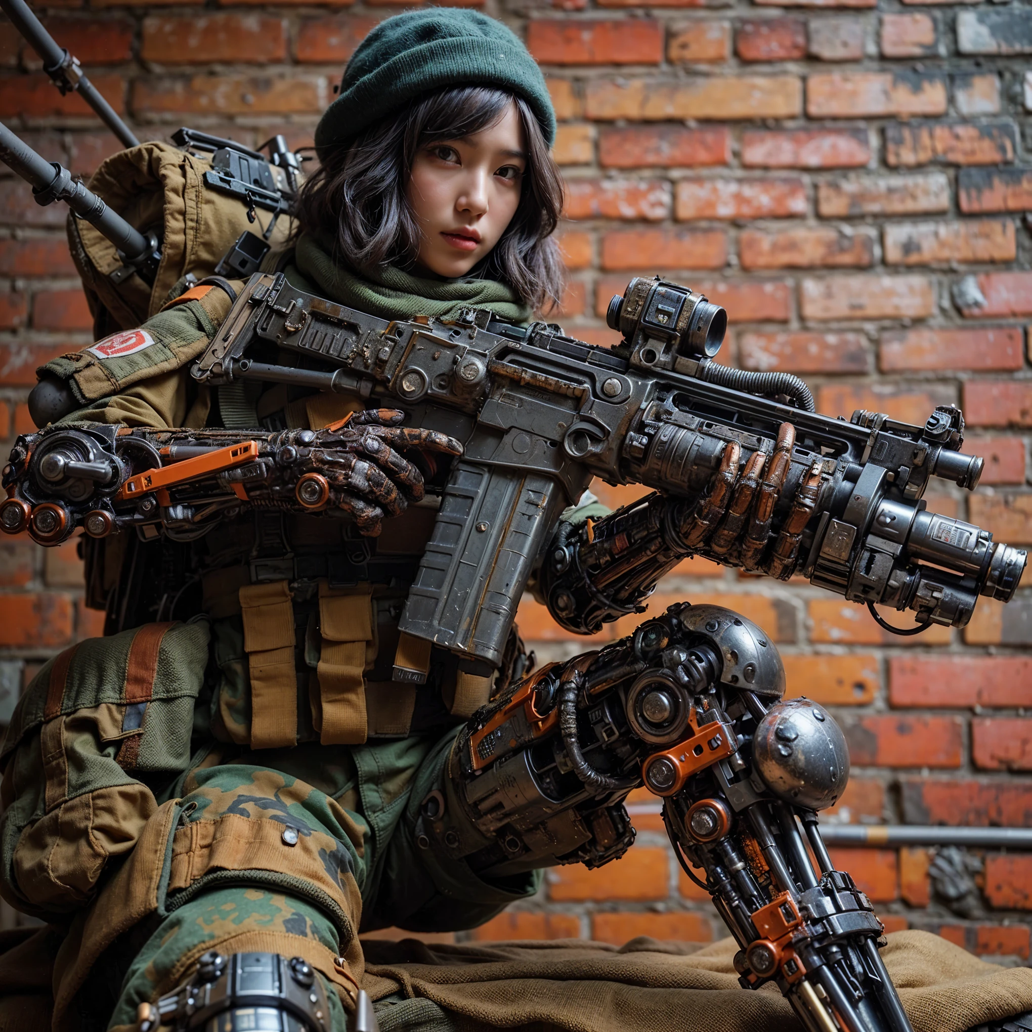 superrealism, ultra high res,8k,(Photorealsitic:1.4), (WWⅡ-like mechanical suit:1.2), designed by Hajime Katoki,heavy weapons,vivid textures,animal legs, gradation hair, japanese female soldier,(ultra beautiful face),((super realistic all textures)), ((super intricate all details)), full body shot, ultra sharp photo result, scratch, Rust, weathering, taken with Fuji film X-T30+Nokton. HDR10,Minimum of 4 pieces created