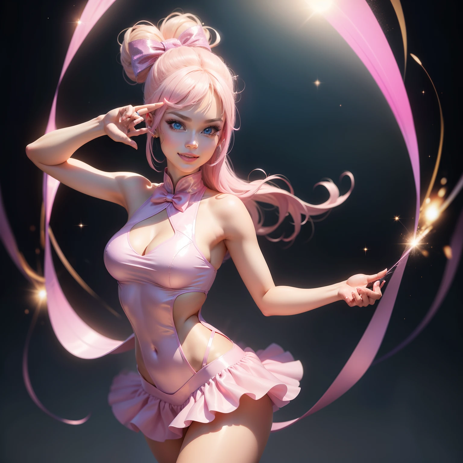Barbie, ((whole body)), Blue eyes, smiling face, Hair loss flutters in the wind, Hip Hop Singer Pose, Dressed in hip-hop style., Dressed in pink cheongsam, which reflects light, like a mirror ball, glowing sparkles, With a pink bow on his hand, fashion, Extremely high quality, high detail, 8K, clean backyard, in a studio, ((whole body shot)),Fingers are realistic,Accurate hand modeling,