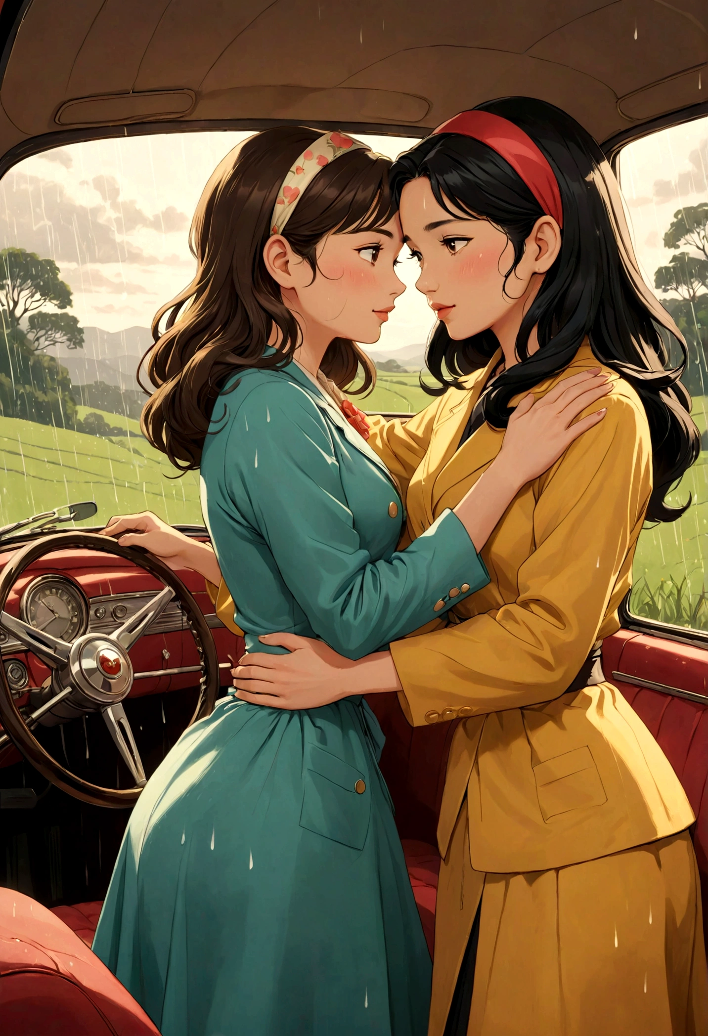 Name "The Loyal Pin (Sarocha Chankimha-Rebeca Armstrong)" in an elegant and dynamic 3D font in metallic gold and Create an idyllic and perfect image in Anime Illustration style, of two women in love, lying inside a car, looking at each other with tenderness and love; One is a beautiful Asian woman with long black hair, dressed in clothes from the 50s and she is being hugged by the other woman, a beautiful British woman with semi-long light brown hair and a headband that matches her clothes, dressed in clothes from the 50s. 50. It's an intimate moment between them. there is love between them. The scene is completed with a very rainy landscape and they are hugging inside the car with the windows fogged up.