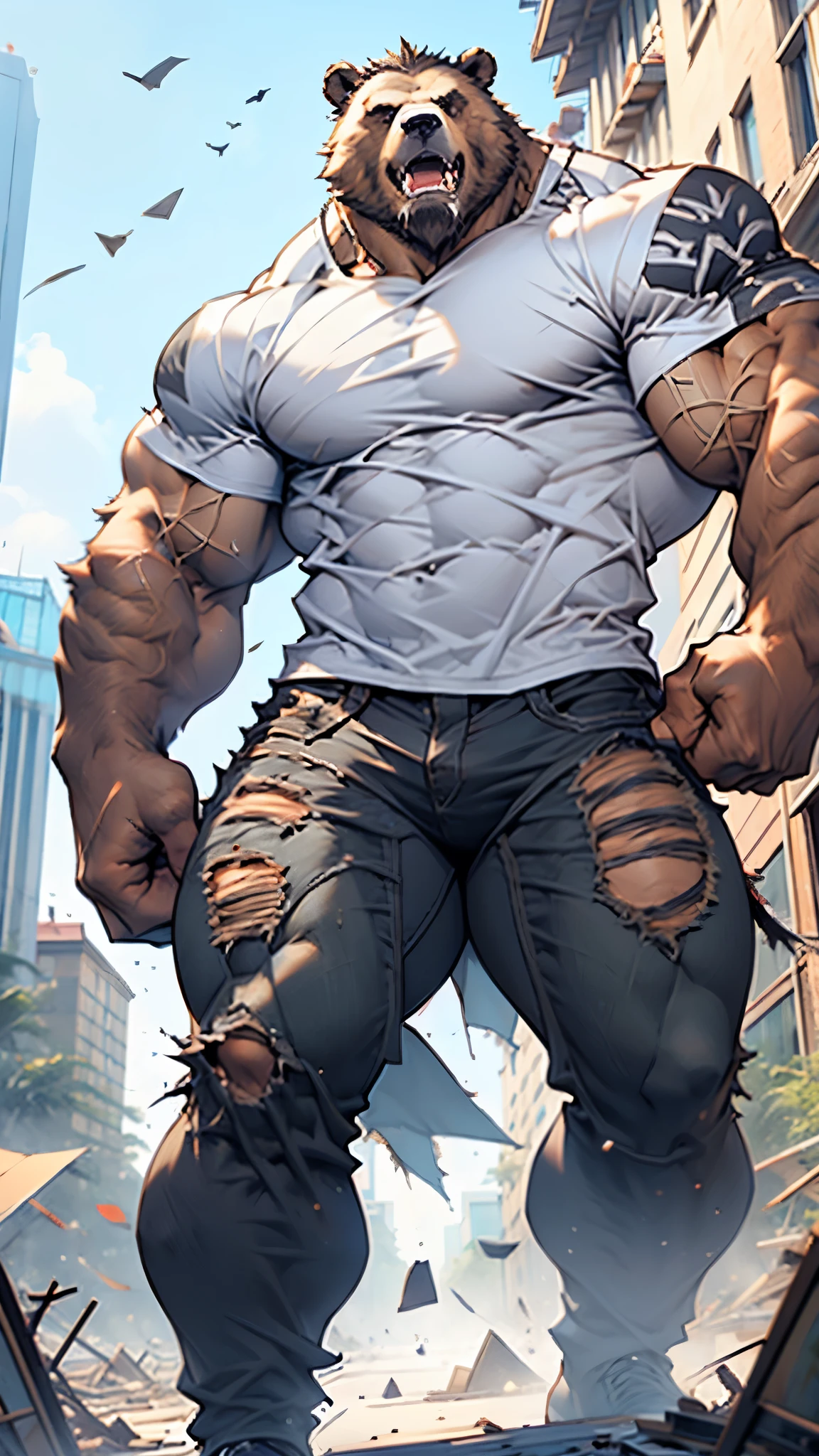 a muscular furry bear man, extremely detailed, hyperrealistic, solo, 1 man, size growth, gigantic, muscular male, exaggeratedly muscular, tight clothes, ripped shirt, ripped pants,angry, fury , growing taller than buildings 