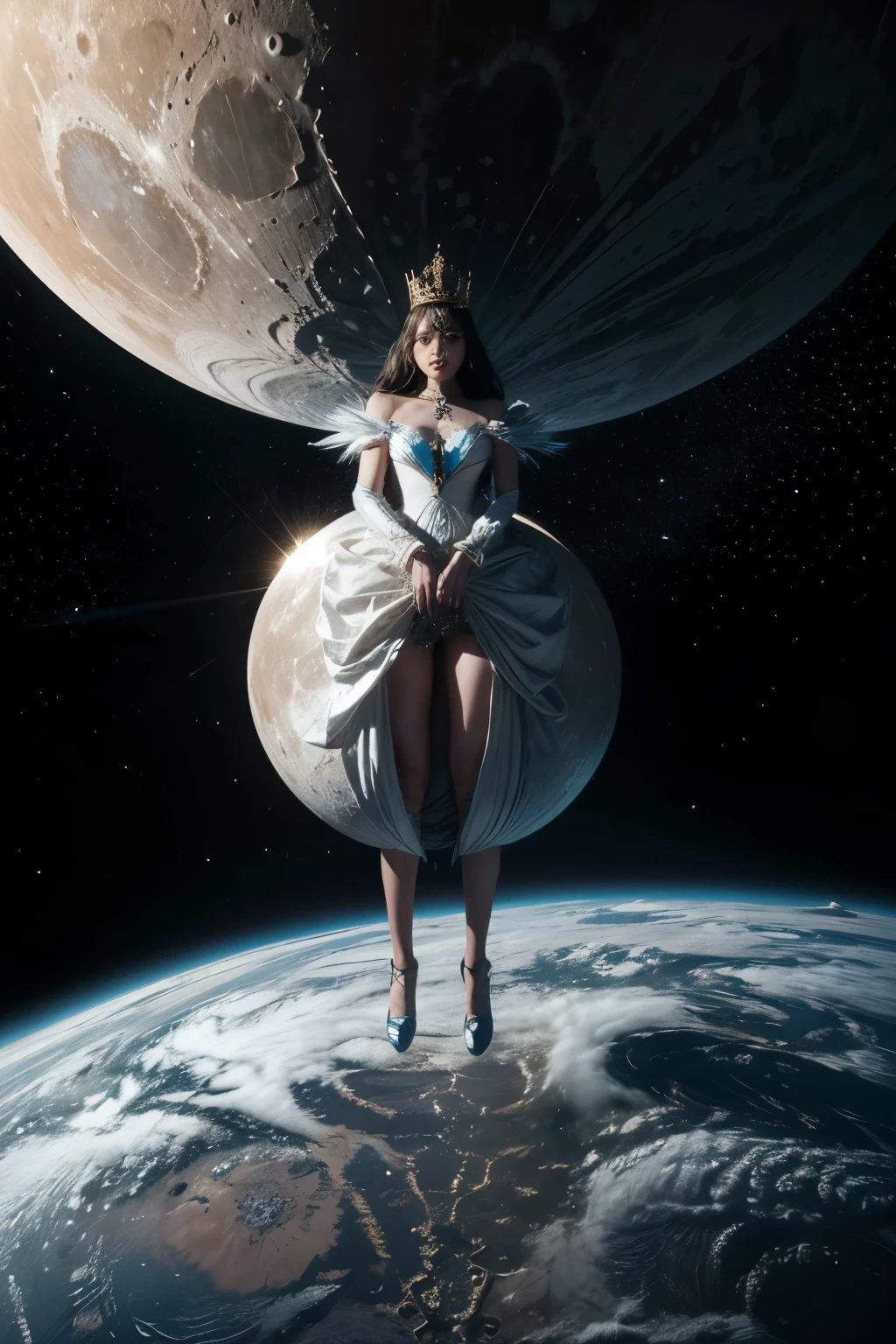 Draw a queen coming out of the moon with planet earth in her hands