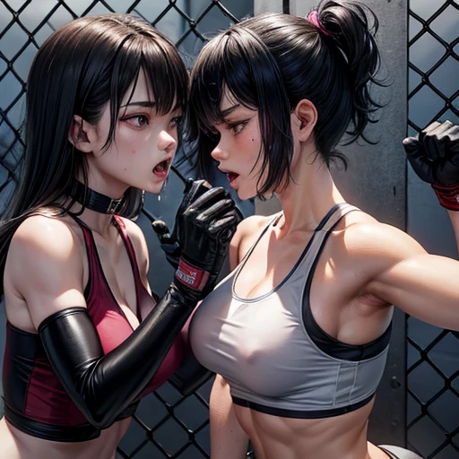 Dynamic behavior. Intense fisticuffs. The girls are wearing sports bras and high-leg panties. Her opponent tries to kill her with a powerful punch. The two are exhausted. Two beautiful young Japanese mixed martial artists are fighting in the octagon. They are covered in blood. Her mouth is open and drooling. She is spitting out her mouthpiece. She is sweating profusely. Short-cut black hair. Open-fingered gloves. Erect nipples. Small breasts.